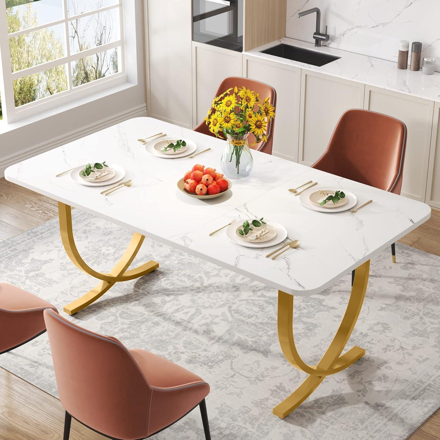 Tribesigns Rectangular Dining Table for 4 to 6, 63-Inch White and Gold Modern Kitchen Table with Faux Marble Table Top and Metal Legs for Dining Room, Kitchen or Living Room