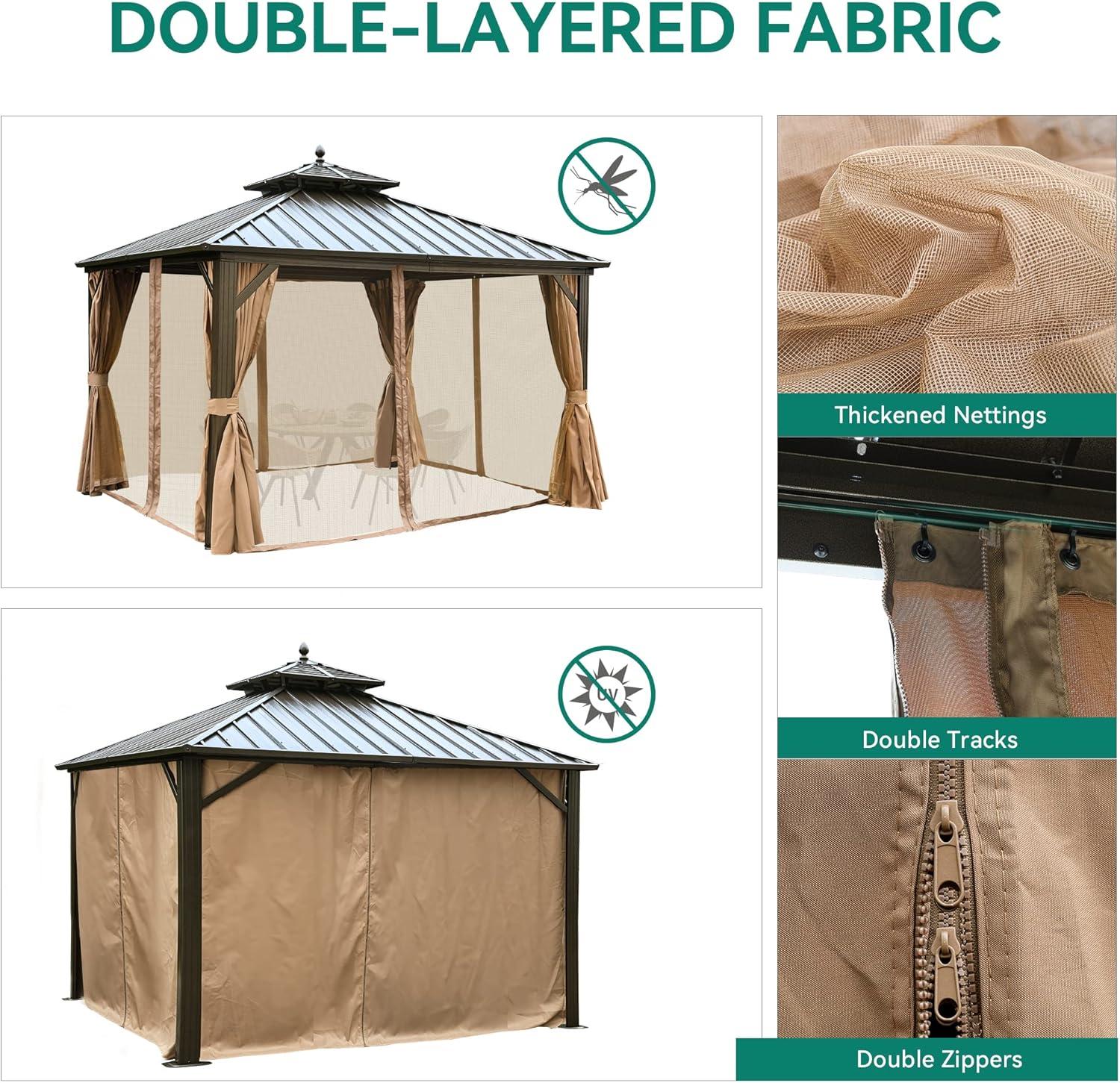 Dextrus 10' x 10' Double Roof Hardtop Gazebo, Galvanized Steel with Netting and Curtains