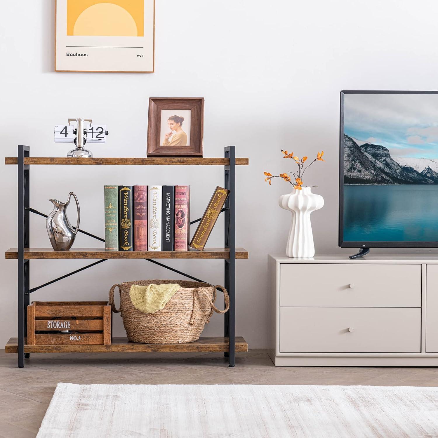 Rustic Brown 3-Tier Wood and Metal Industrial Bookshelf