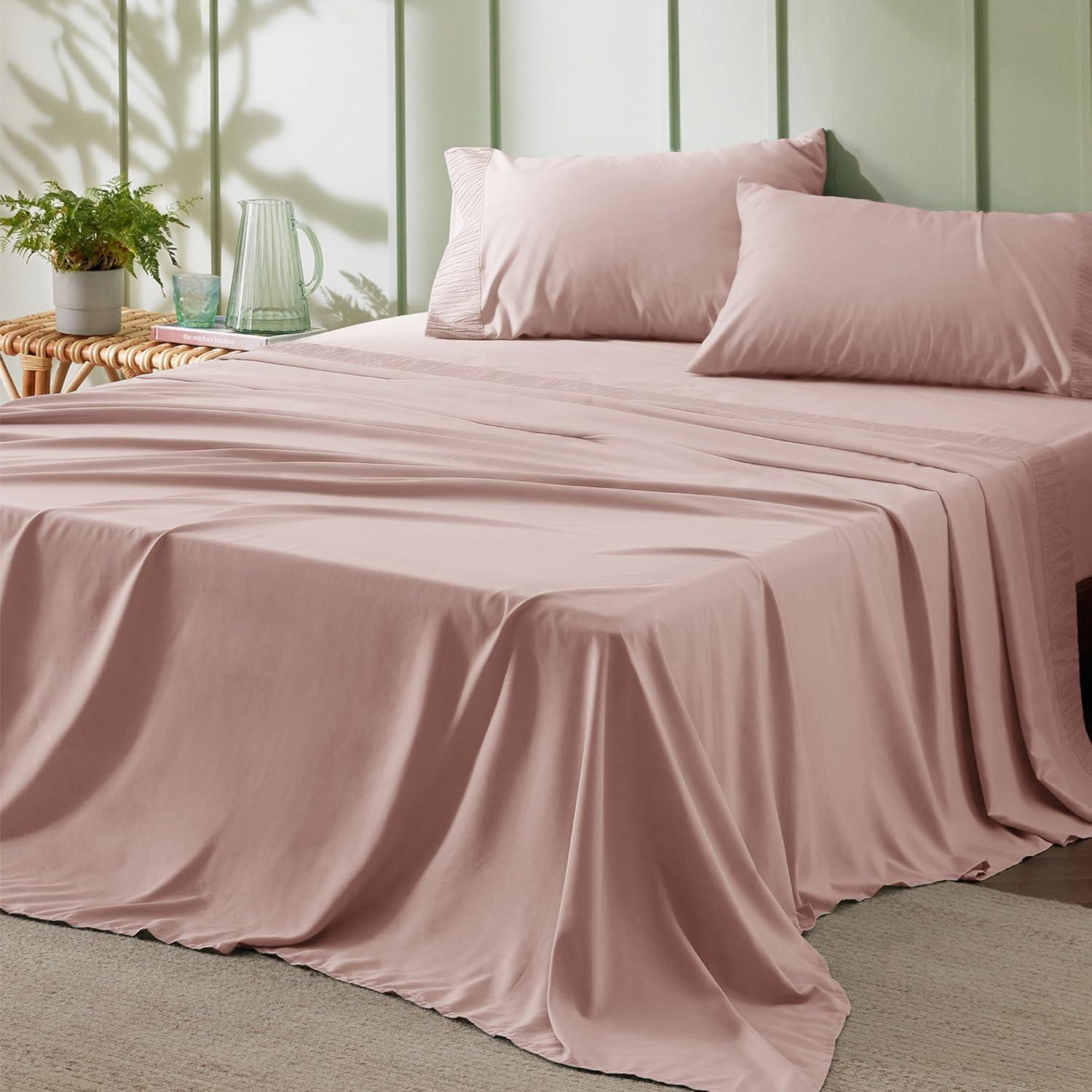 Bedsure California King Sheet Sets - 4 Pieces Soft Cal King Sheets - Breathable & Cooling - Hotel Luxury - Easy Care Polyester Microfiber Bedding for Women, Men, Dusty Pink