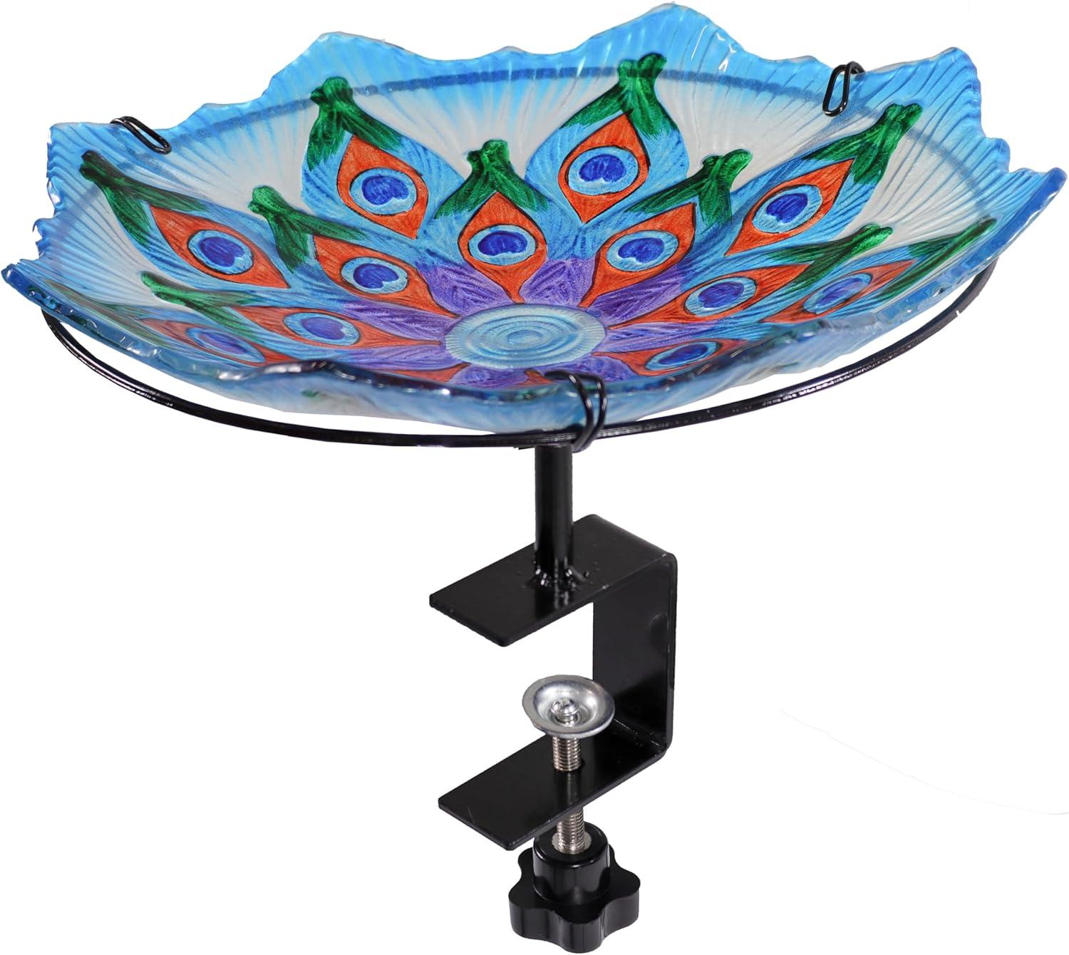 Sunnydaze Exquisite Feathers Deck-Mounted/Staked Glass Bird Bath - 11” Diameter - Turquoise