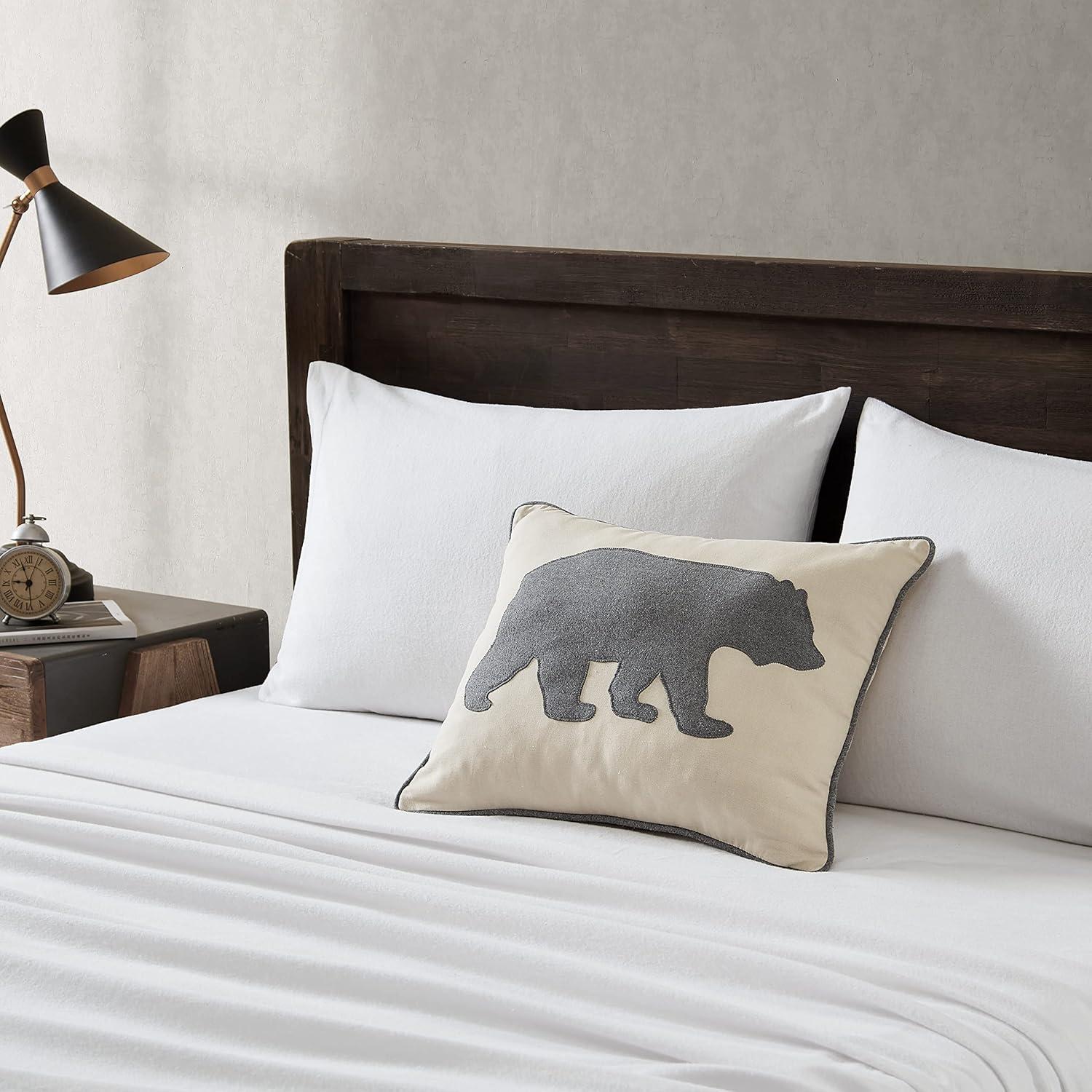 Gray Cotton Twill Bear Appliqued Decorative Pillow