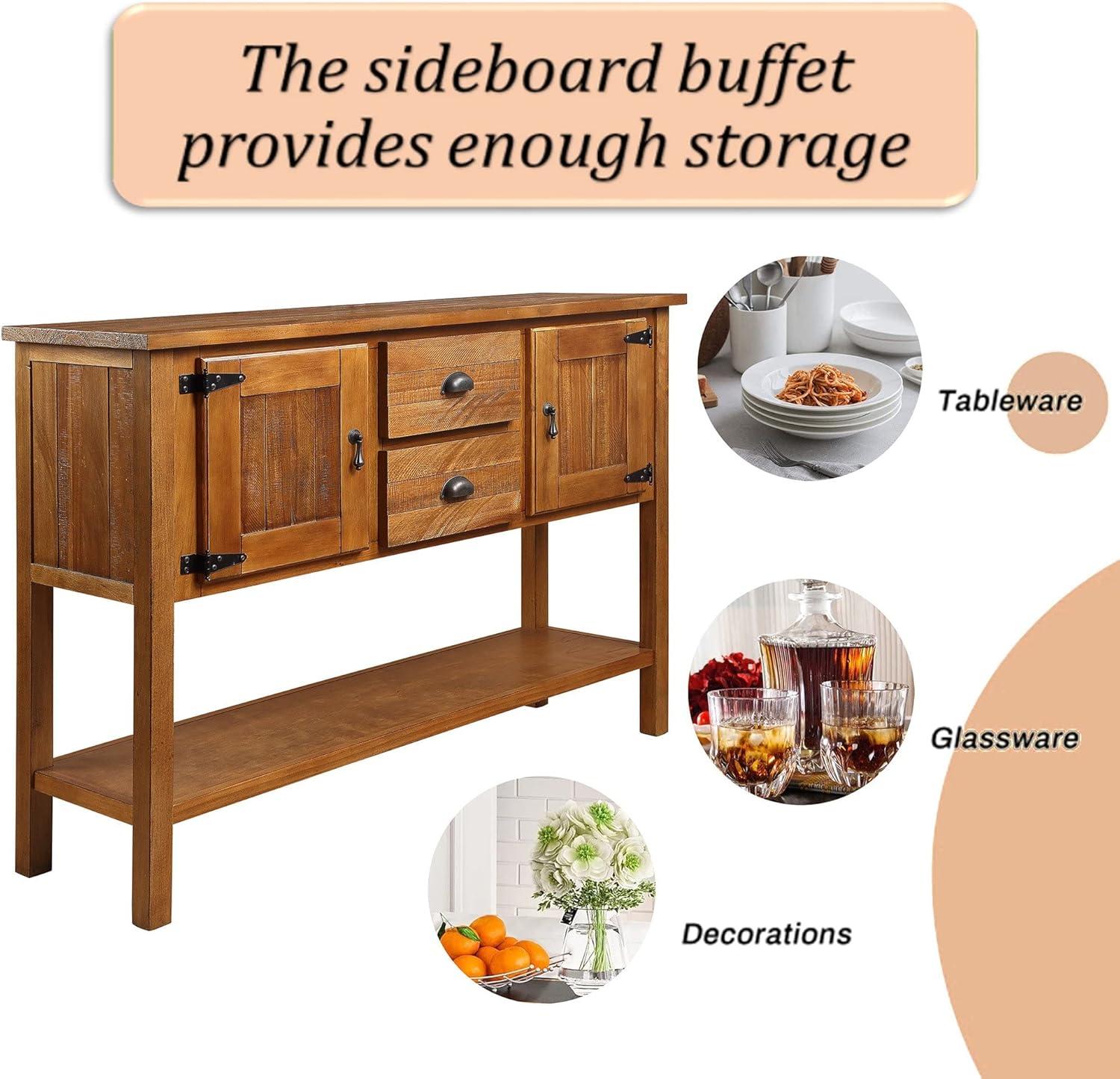 Solid Wood Console Table,Storage Sideboard with 2 Drawers and Cabinets and 1 Bottom Shelf, Retro Style Dining Buffet Server Cabinet for Living Room Kitchen Dining Room Furniture(Brown)