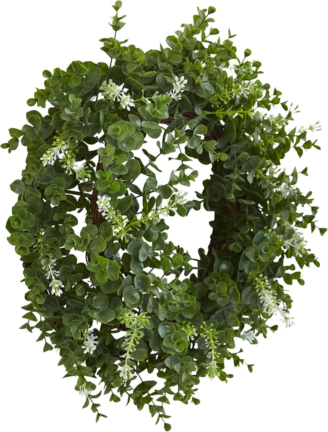 18" Green and White Artificial Eucalyptus Twig Wreath