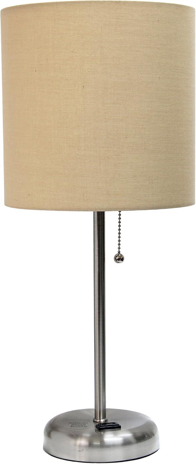 Brushed Steel Stick Nightstand Lamp with Tan Fabric Shade