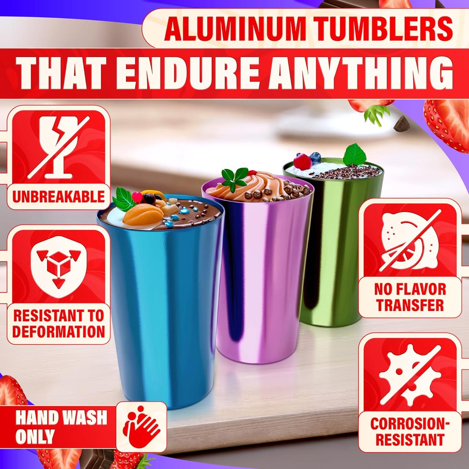 6 Pcs Aluminum Tumblers 15 oz - Lightweight, Durable, and Reusable Metal Cups | Vibrant Festive Colors for Hot and Cold Beverages | Sturdy Anodized Design for Parties and Outdoor Use | Dishwasher Safe