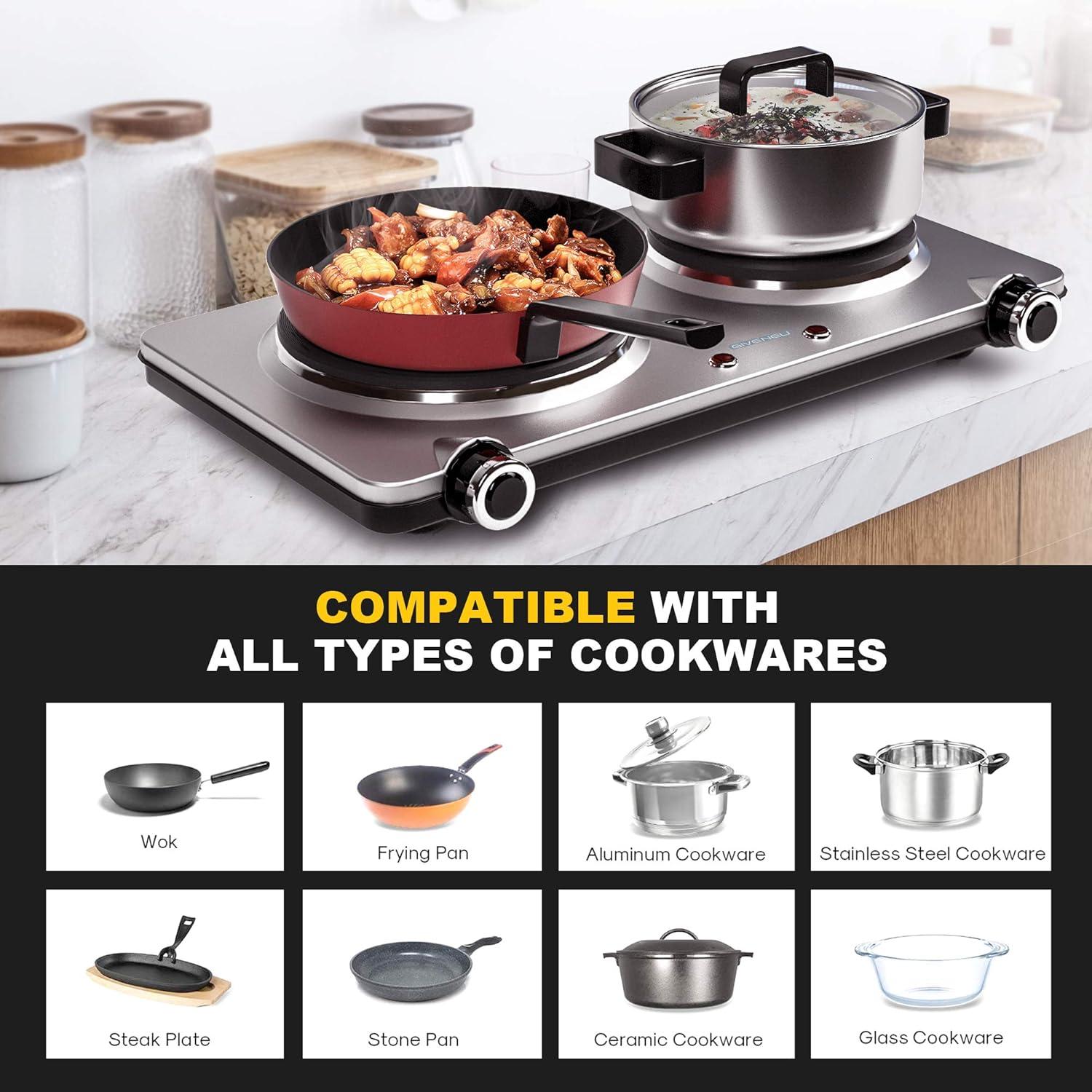 Electric Double Burner Hot Plate for Cooking, 1800W Portable Electric Stove, 6 Speed Adjustable Thermostats, Stainless Steel Hot Plate for Kitchen, Dorm and Camping