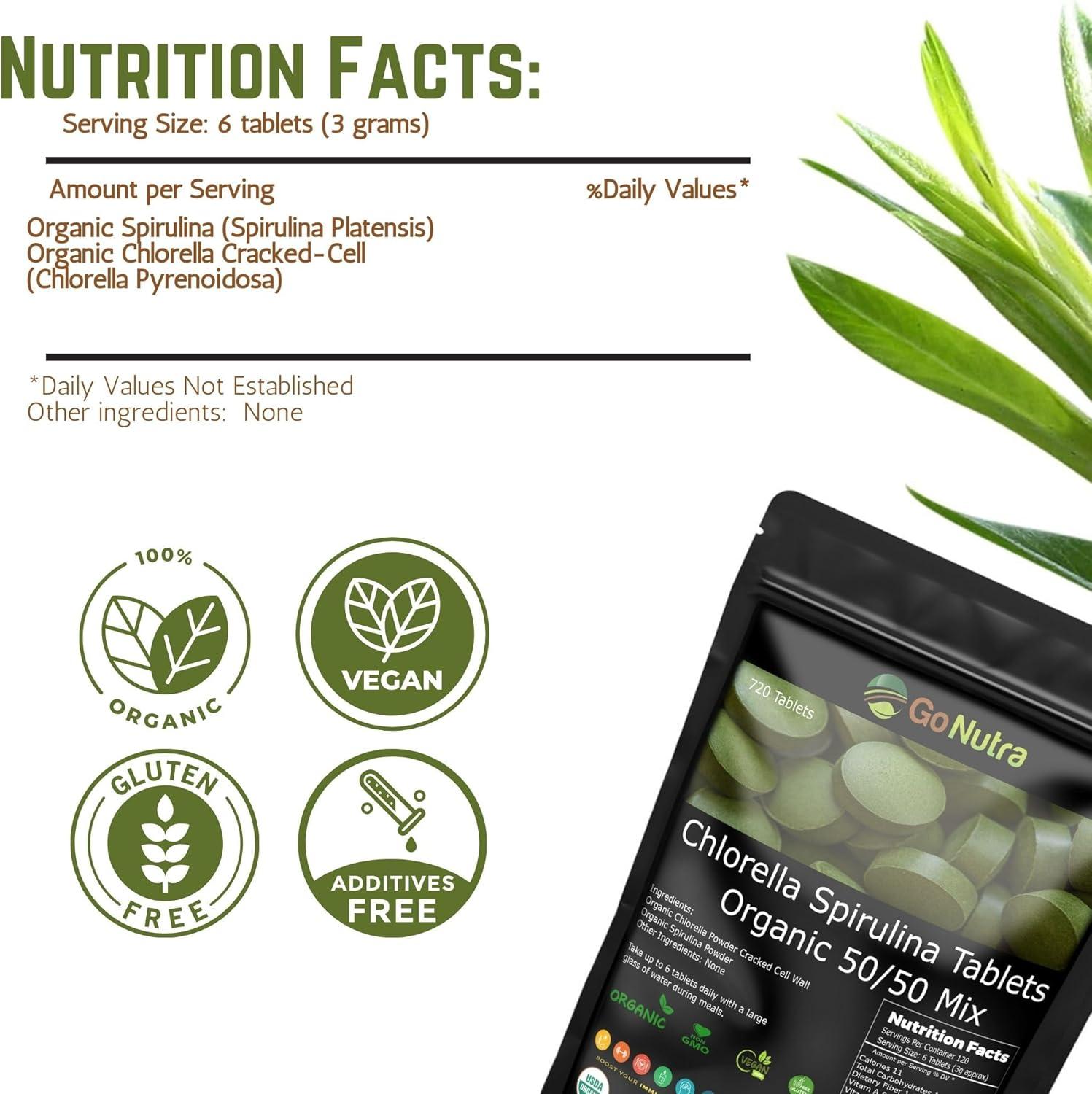 Go Nutra Organic Chlorella & Spirulina Tablets, 50/50 Blend, 500mg Each, 720 Count, 4 Months Supply, Superfood Rich in Vegan Protein Chlorophyll | Spirulina Chlorella Tablets Organic