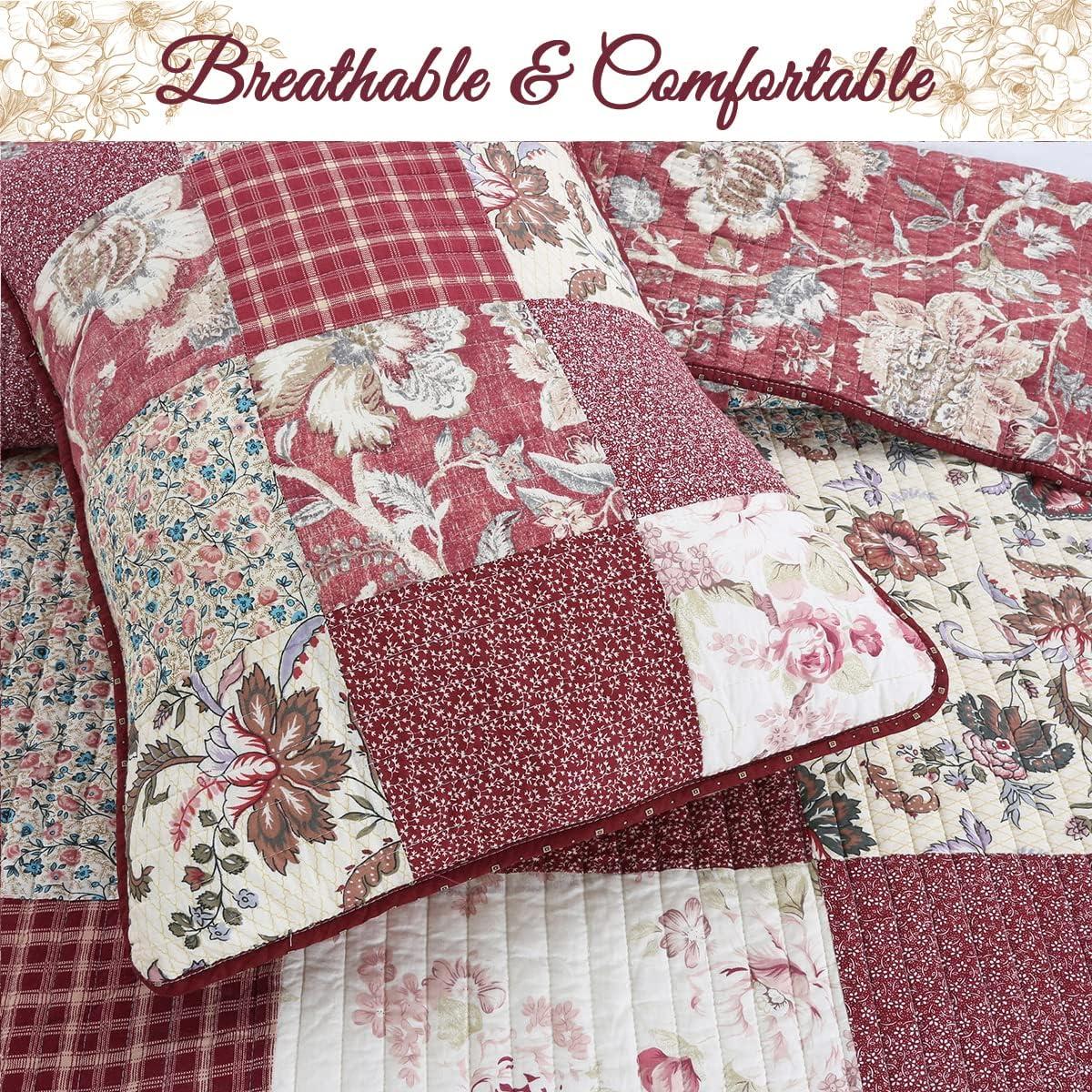 Cozy Line Thalia Real Patchwork Red Floral 3 Piece Reversible Cotton Quilt Bedding Set Queen