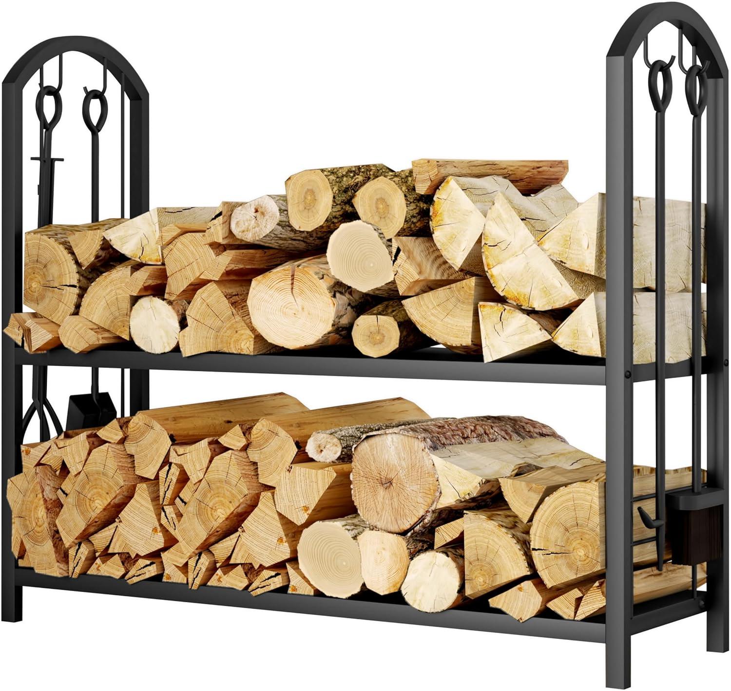 Black Metal Firewood Rack with Tools and Wood Shelf