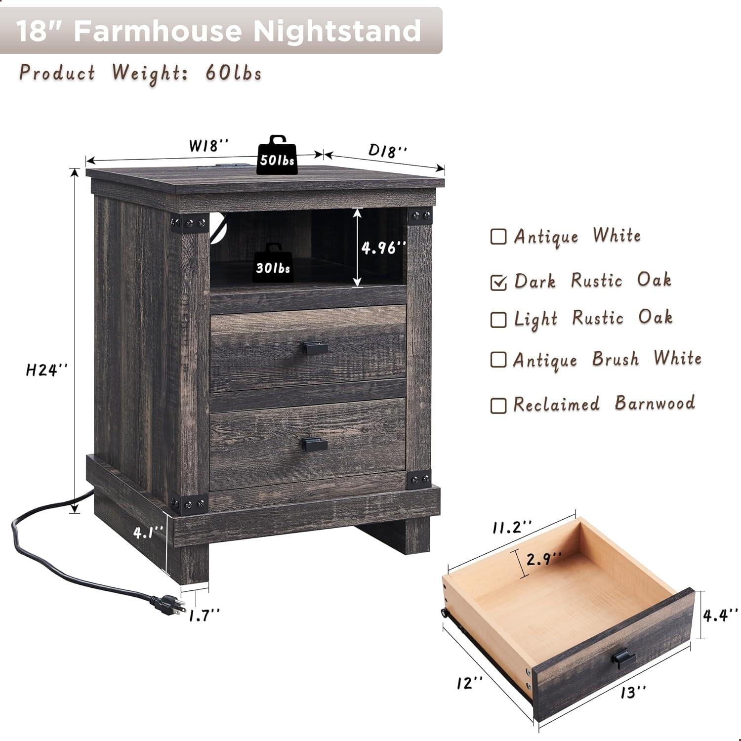 SinCiDo Nightstand with Charging Station, 18″ Farmhouse Night Stand with 2 Drawers, Wood Rustic End Table, Antique White