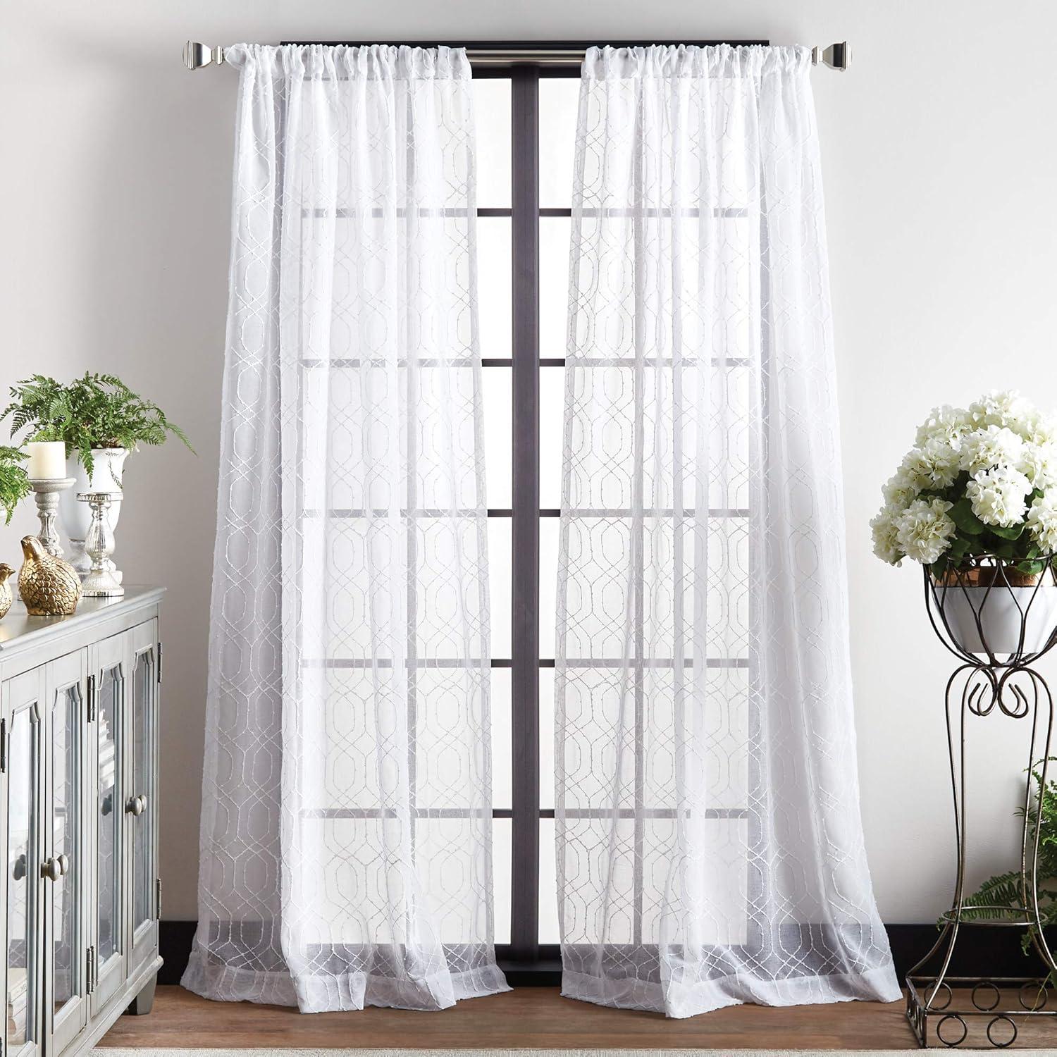 White Sheer Embroidered Rod Pocket Window Curtain Panels, 84"