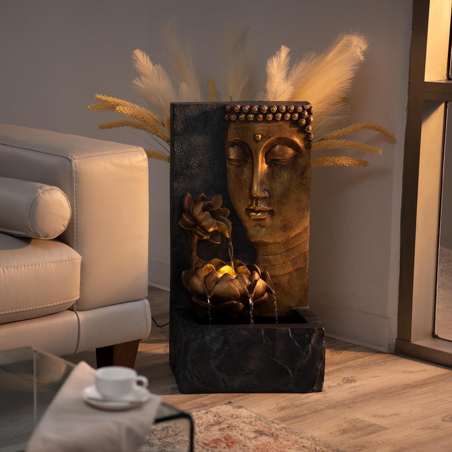 XBrand 30" H Zen Buddha Face Water Fountain w/ LED light & Pump, Indoor/Outdoor Freestanding, Relaxing Zen Décor, Bronze and Natural Grey Polyresin Fountain for Home Patio Garden Backyard