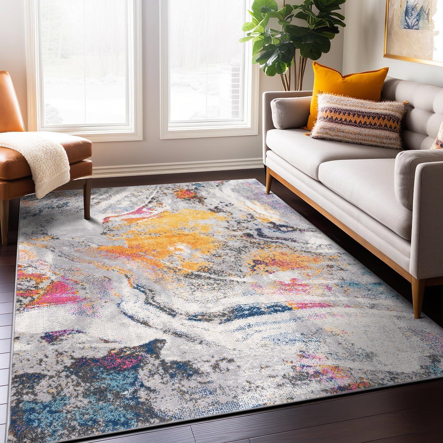 World Rug Gallery Distressed Contemporary Abstract Watercolor Stain Resistant Soft Area Rug