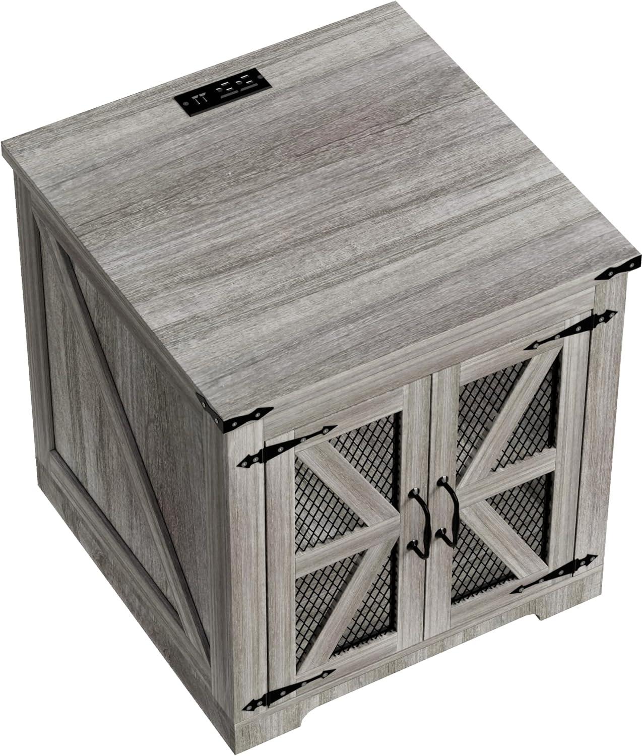 Rustic Gray Wood Farmhouse End Table with Charging Station