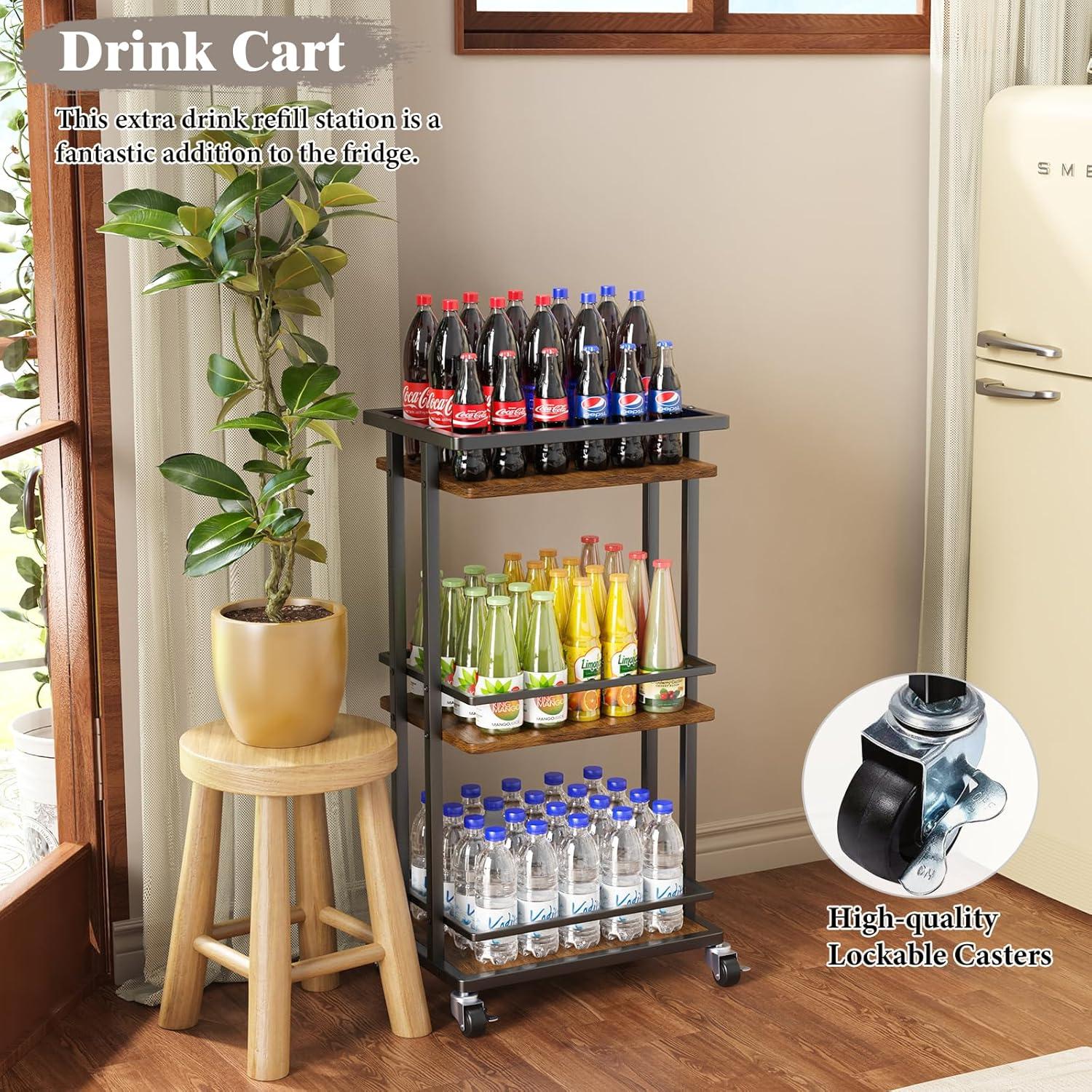 3 Tier Bar Cart for Home, Rolling Mini Liquor Bar Cabinet with Wine Rack and Glass Holder, Home Bar Serving Cart on Wheels for Dinner Party Wine Alcohol Drink, Bar Stand for Living Room Kitchen