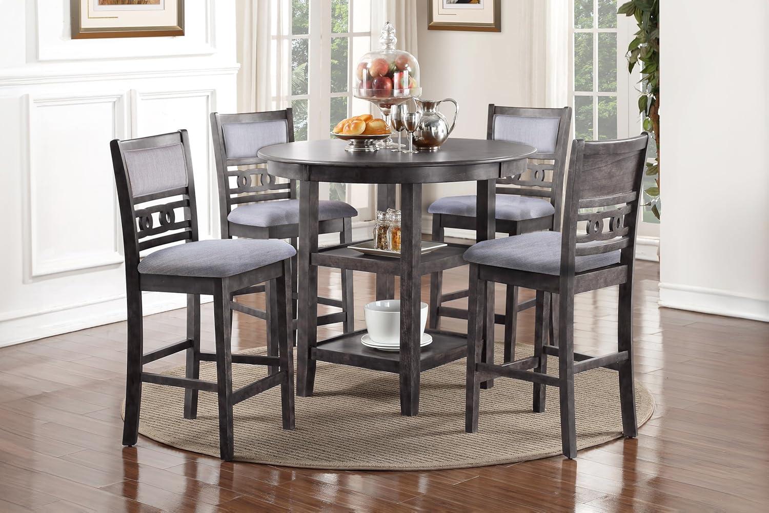 New Classic Furniture Gia 5-Piece Wood Round Counter Dining Set, 1 Counter Dining Table And 4 Chairs, 42 Inch, Gray