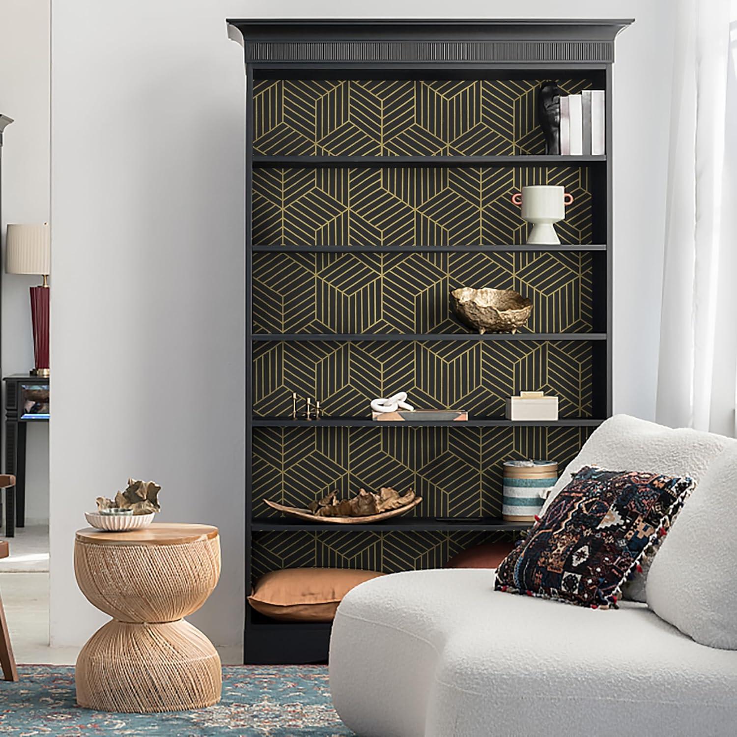 Wallpaper Black And Gold Peel And Stick Wallpaper Geometric Striped Hexagon Wallpaper Removable Self Adhesive Wall Paper Waterproof Vinyl Contact Paper For Cabinets Shelf Drawer 15.7"X78.7"