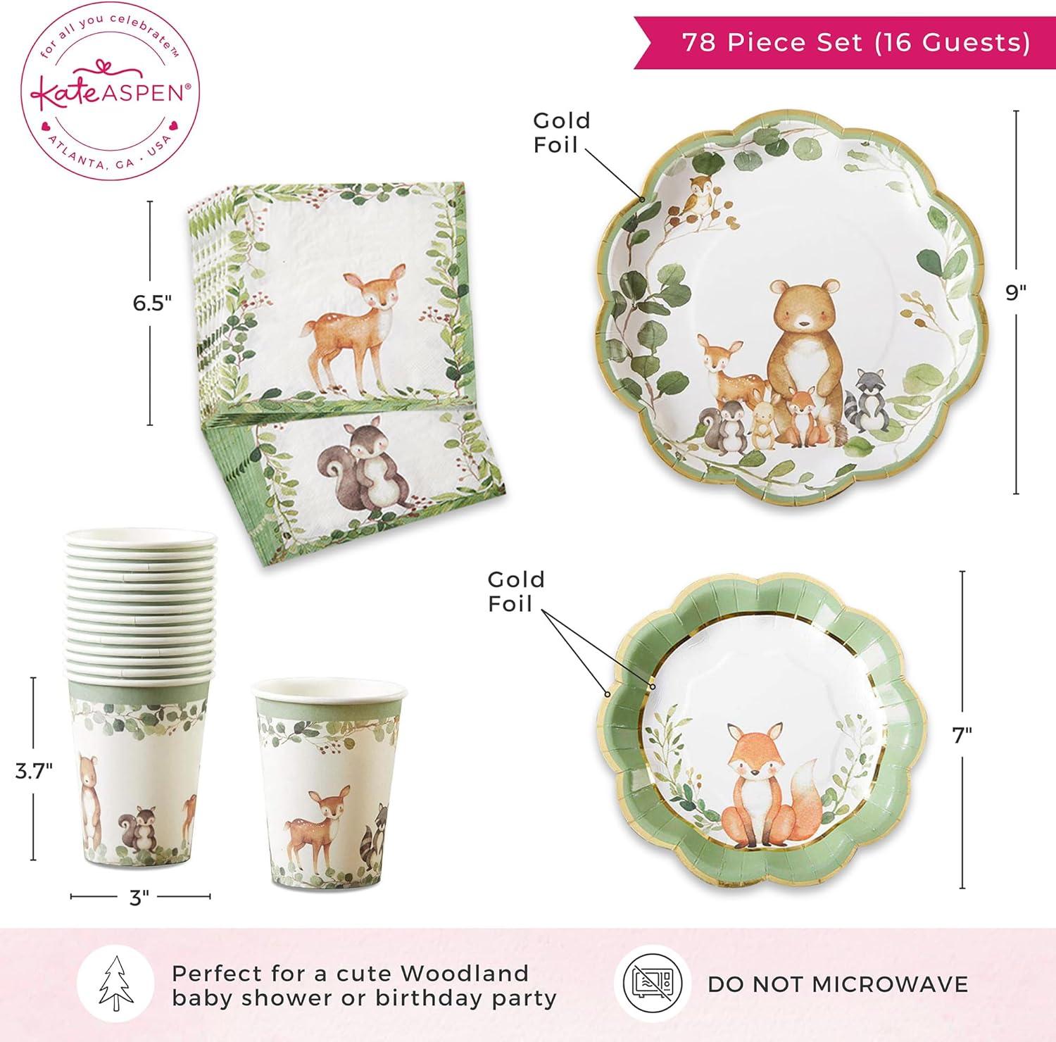 Kate Aspen Kate Aspen Woodland Baby Shower Decorations; 78-Piece Disposable Party Plates; Cups & Napkins Set for 16 Guests – Adorable Woodland Animals Theme, Table Decor; Birthday; Gender Neutral Party (Set of 78)