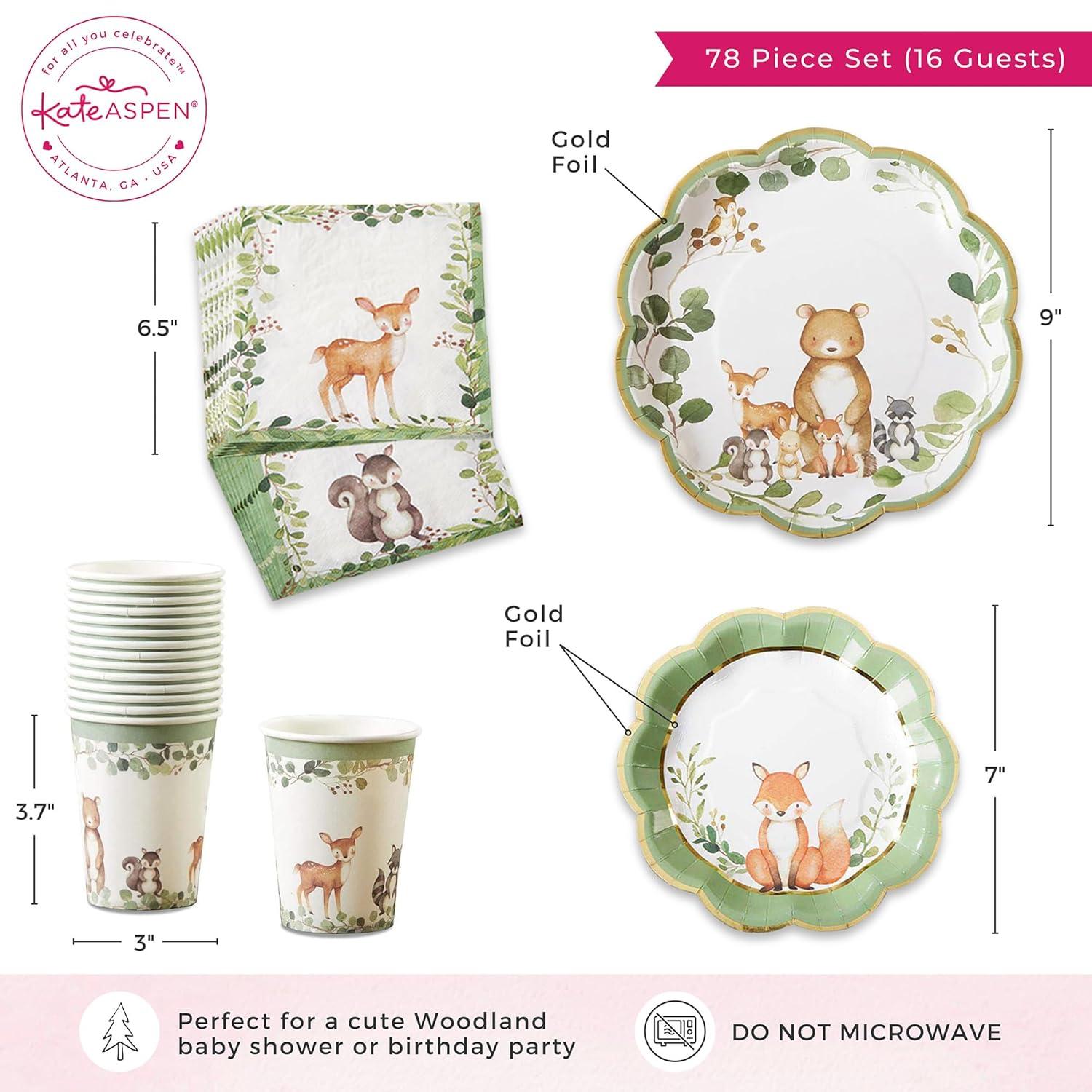 Kate Aspen Kate Aspen Woodland Baby Shower Decorations; 78-Piece Disposable Party Plates; Cups & Napkins Set for 16 Guests – Adorable Woodland Animals Theme, Table Decor; Birthday; Gender Neutral Party (Set of 78)