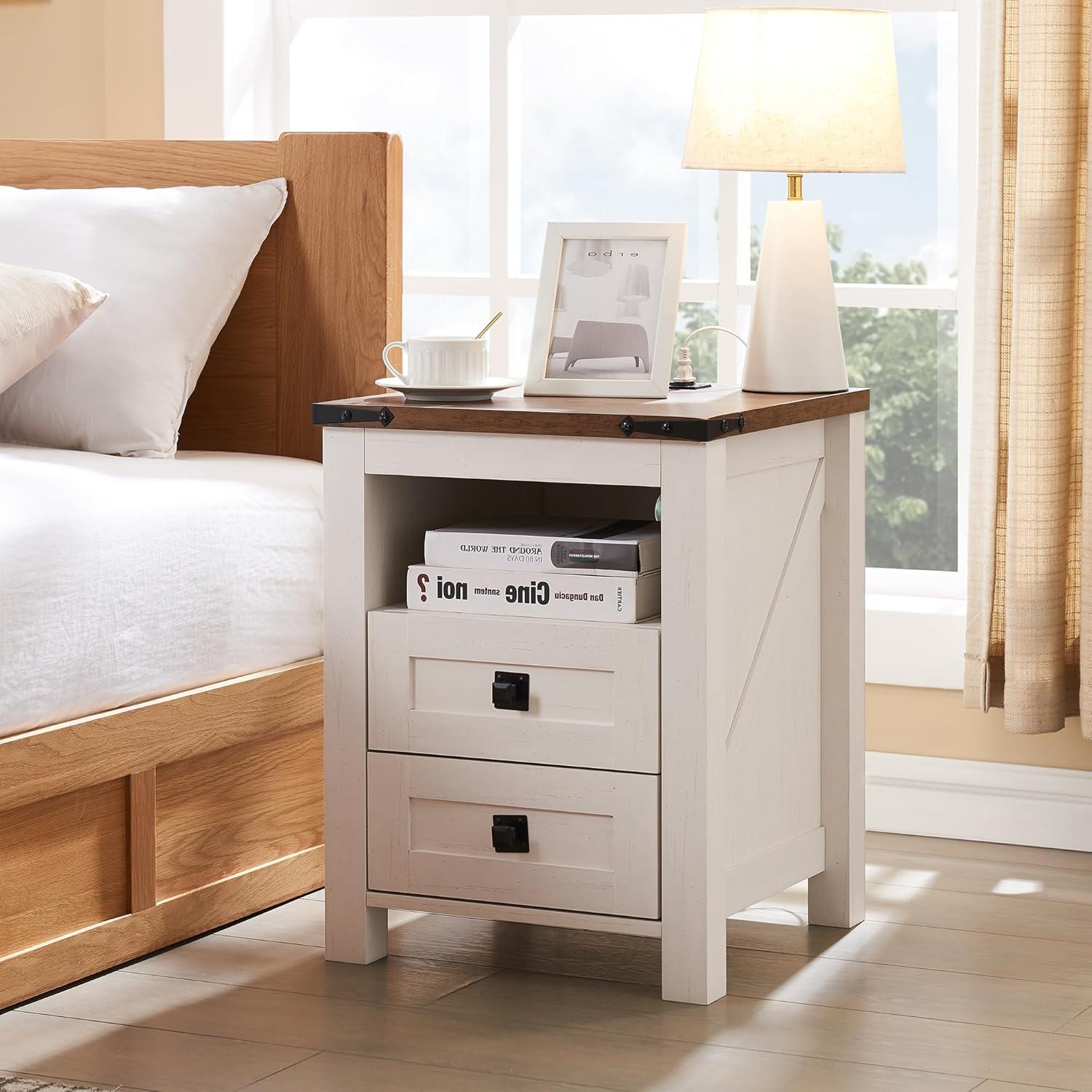 Antique White Rustic Wood Nightstand with Charging Station and 2 Drawers