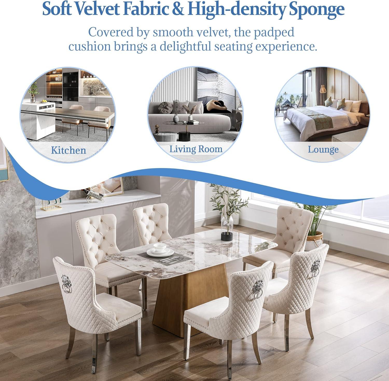 SoarFlash Velvet Dining Chairs Set of 4, Tall Back Side Chair, Modern Upholstered High-end Tufted Side Chair with Button Back Ring, Solid Wood Legs (Beige)