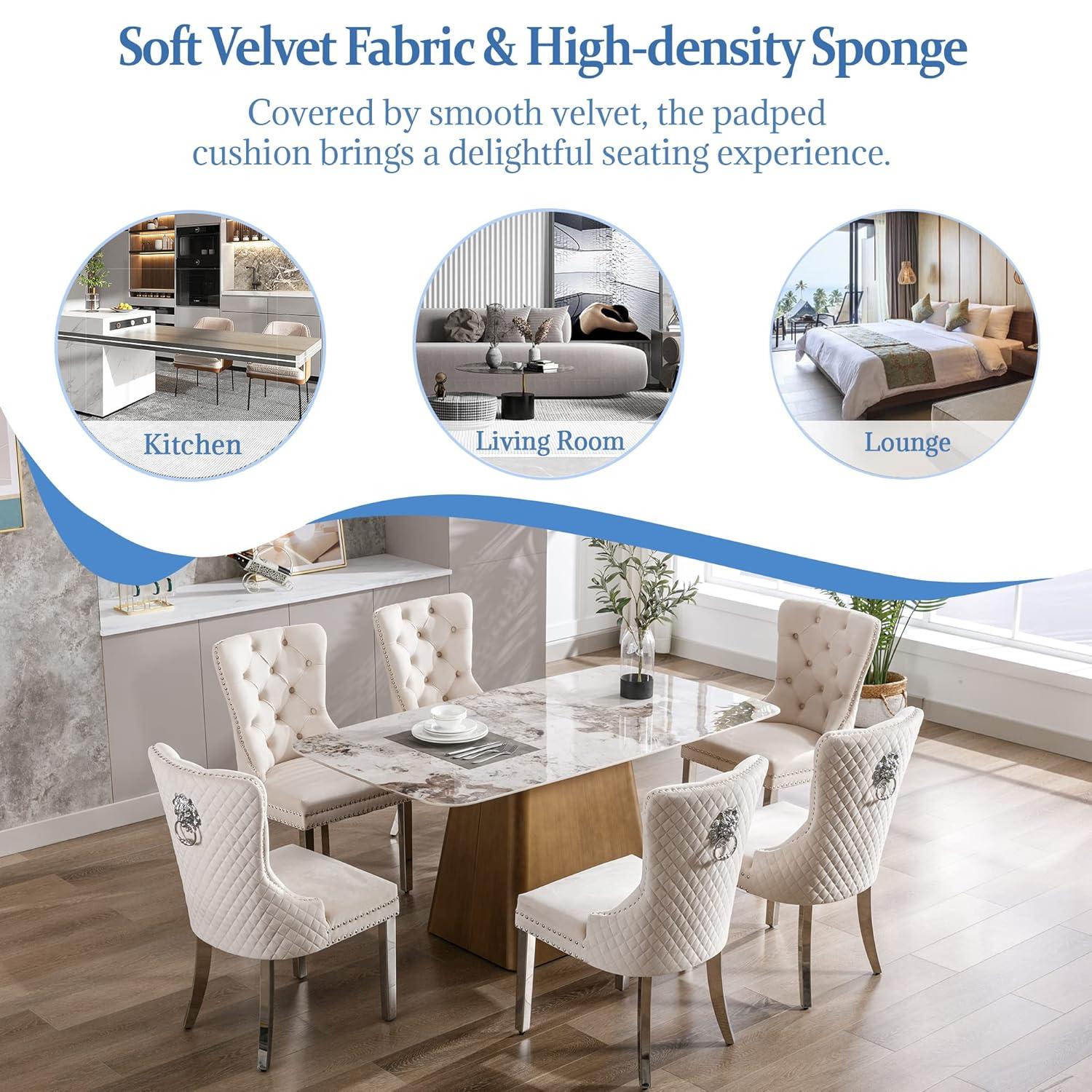 SoarFlash Velvet Dining Chairs Set of 4, Tall Back Side Chair, Modern Upholstered High-end Tufted Side Chair with Button Back Ring, Solid Wood Legs (Beige)