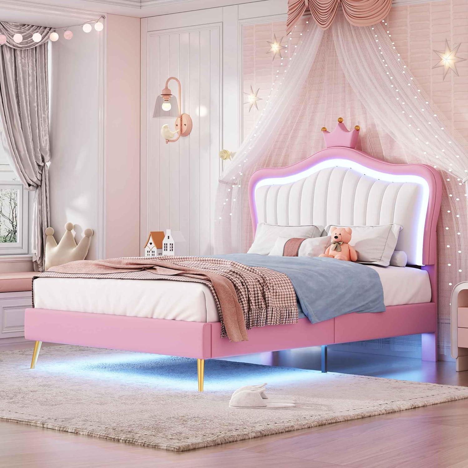 DreamBuck Full Size Upholstered Bed Frame with LED Lights, Upholstered Princess Bed with Crown Headboard and Wooden Slats Support, Modern Platform Bed for Kids, Teens, Girls, No Box Spring Needed