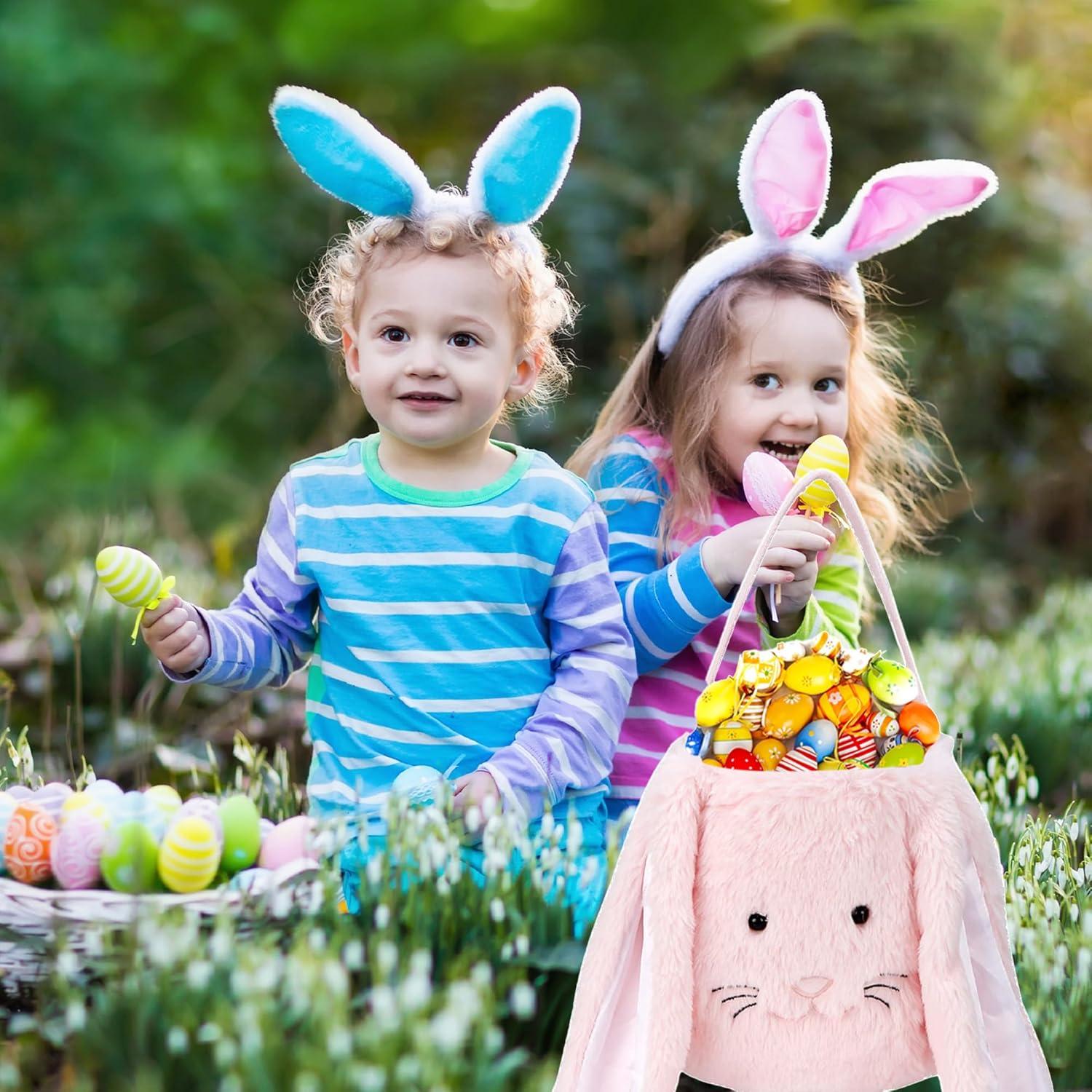 Easter Bunny Tote Bag, Cute Fuzzy Rabbit Ears Soft Plush Candy Handle Bag Eggs Basket Gift Bag for Kids Holiday Decorations