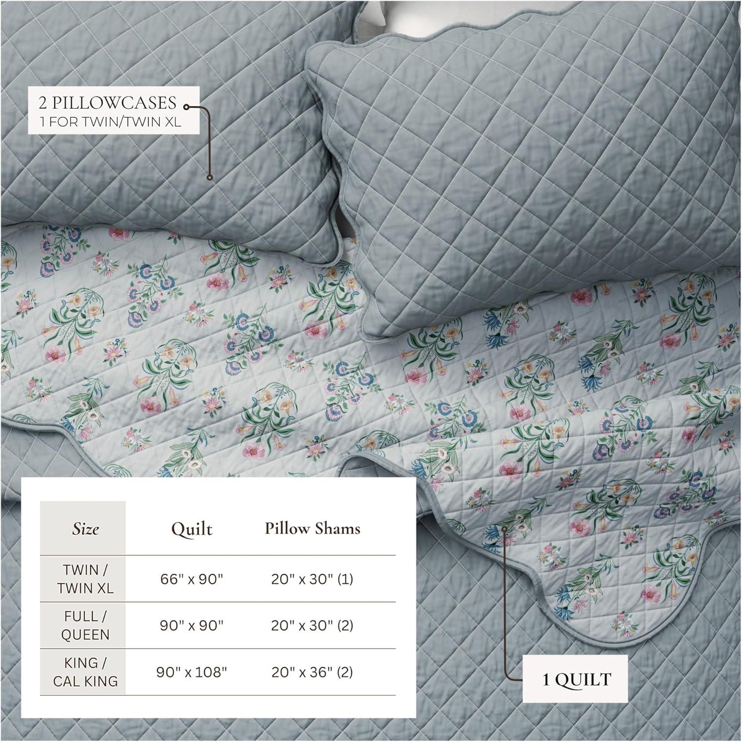 Reversible Printed Floral Scalloped Quilt and Sham Set - Great Bay Home (King / California King, Thriving Flowers)