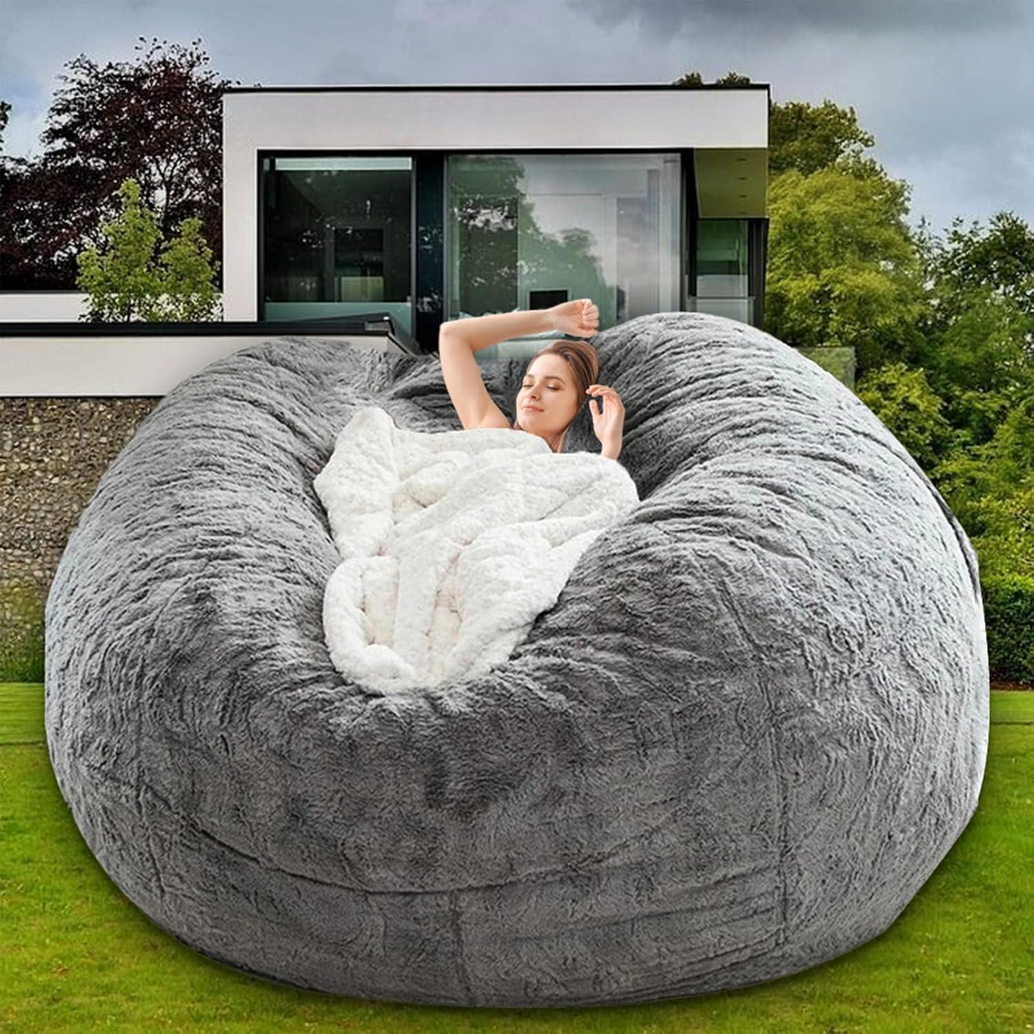 Giant Gray Velvet Round Bean Bag Chair Cover, 6FT