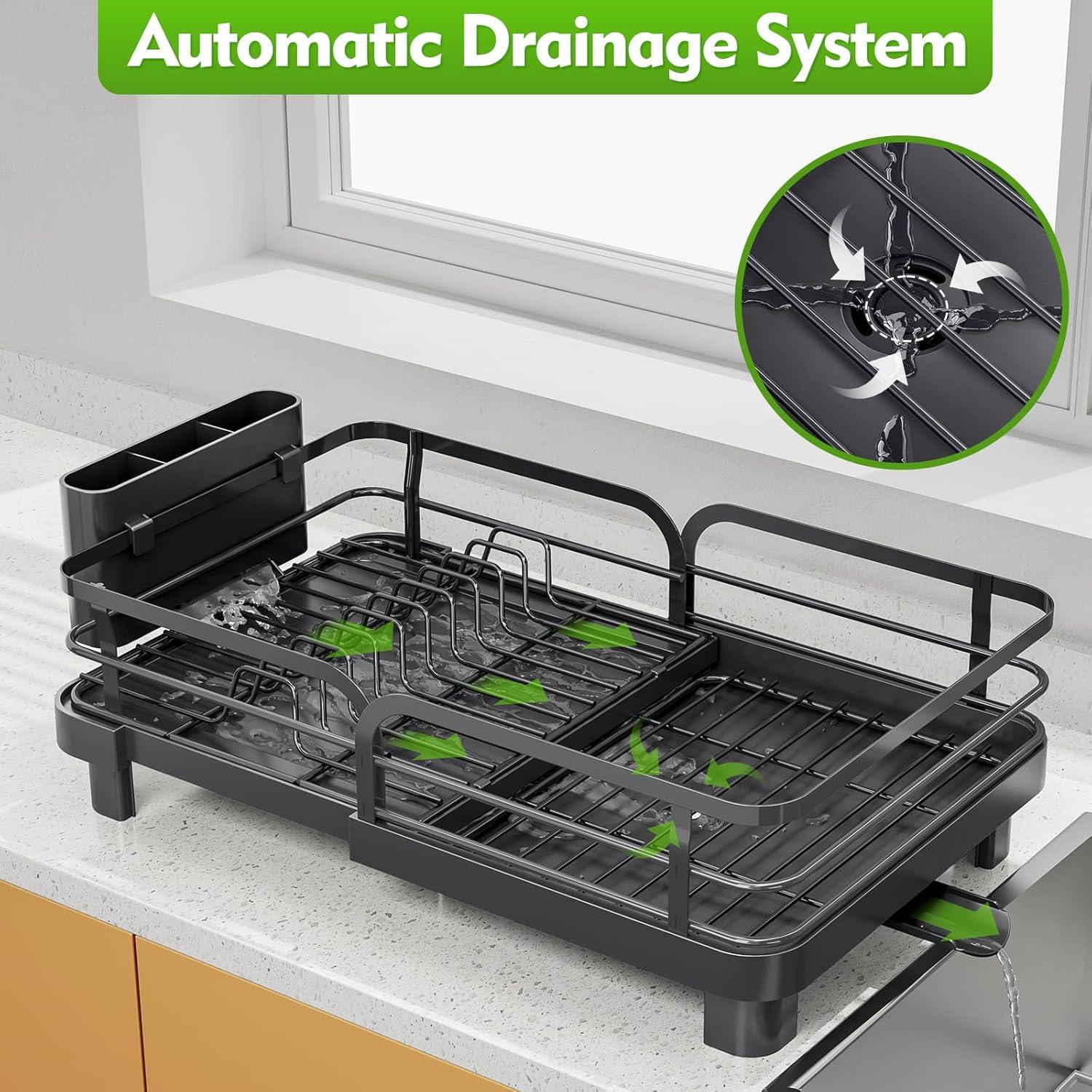Anadea Expandable Dish Rack For Kitchen Counter, Large Dish Drainer, Stainless Steel Drying Dish Rack With Utensil Holder