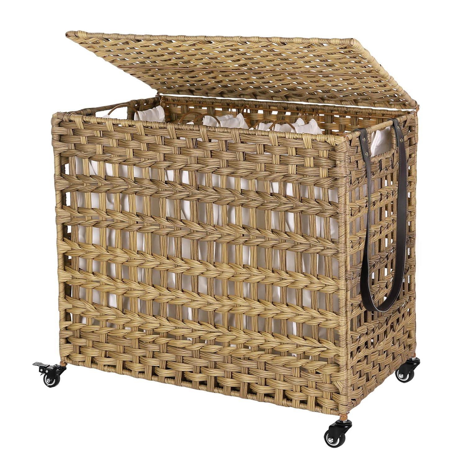 HeiStang Laundry Hamper with Lid, 140L Synthetic Rattan Laundry Basket with Wheels, Clothes Hamper with 3 Removable Liner Bags, 3-Section Hampers with Handles, Laundry Room, Natural ULCB083N01