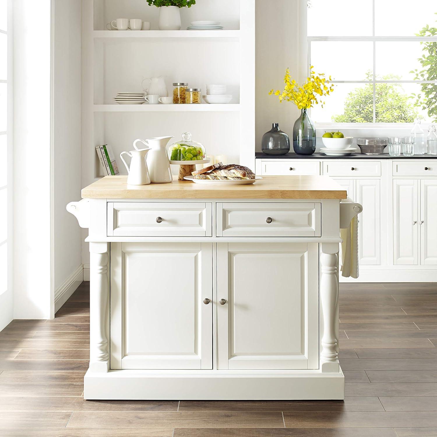 Elegant White Butcher Block Top Kitchen Island with Storage