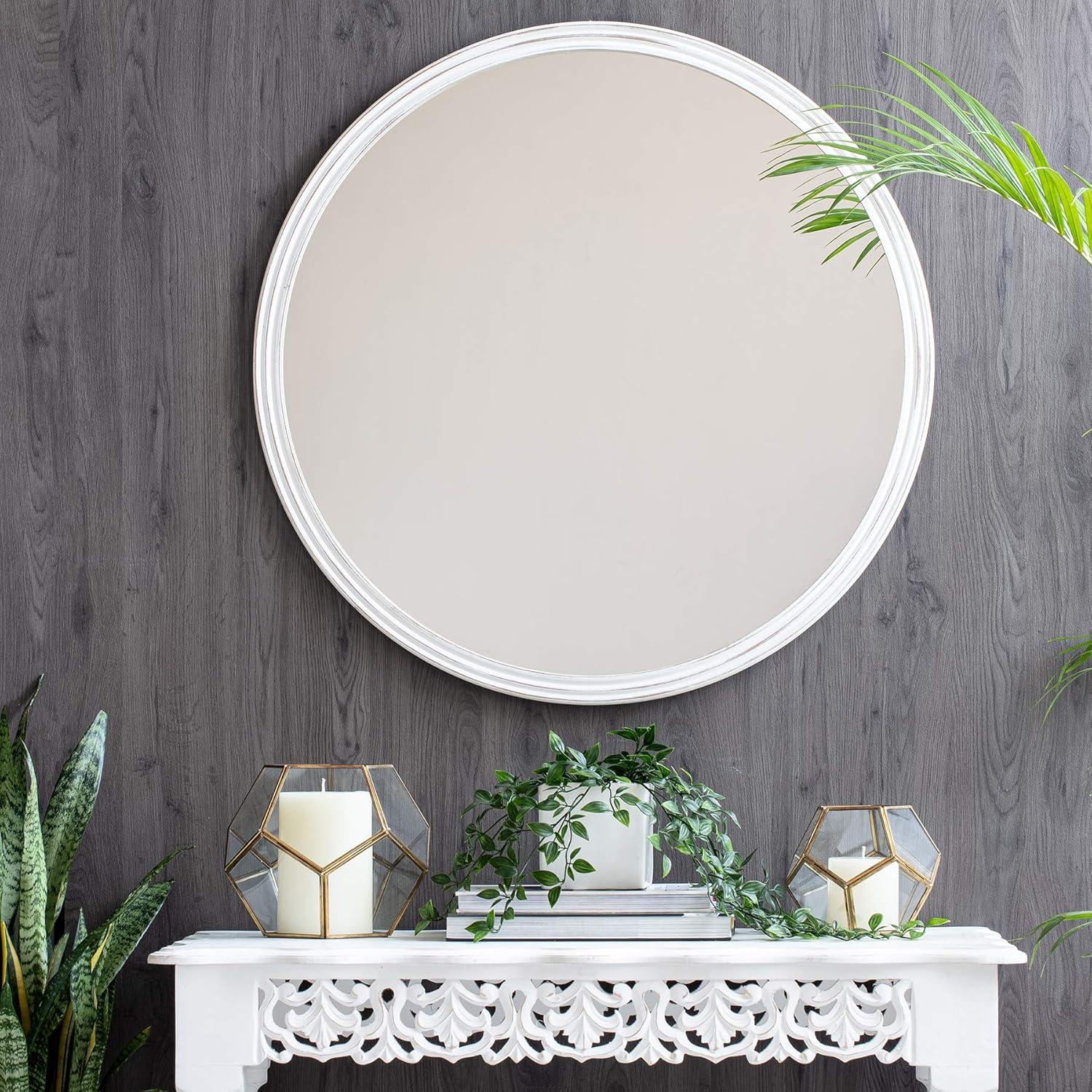 Brewster 30" Round Carved Frame Wall Mirror White: Distressed Finish, No Assembly Required