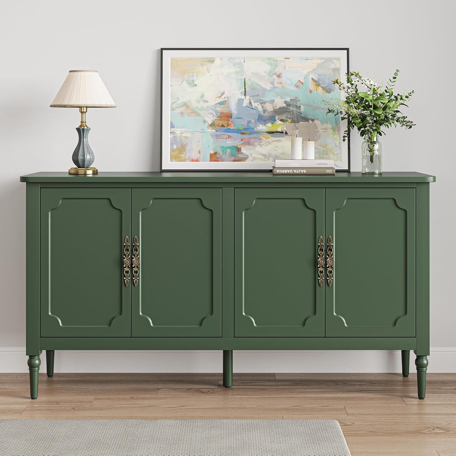 Green Painted Wood Sideboard Buffet Cabinet with Bronzed Metal Handles