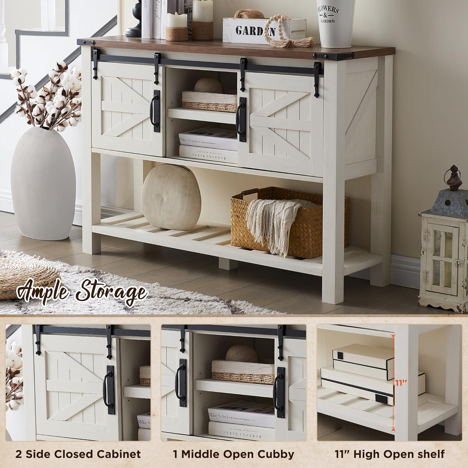 OKD Entryway Table with Sliding Barn Doors, 46" Farmhouse Console Table with Storage Shelf, Rustic Sofa Table Behind Couch for Hallway, Entry Way, Living Room, Foyer, Antique White