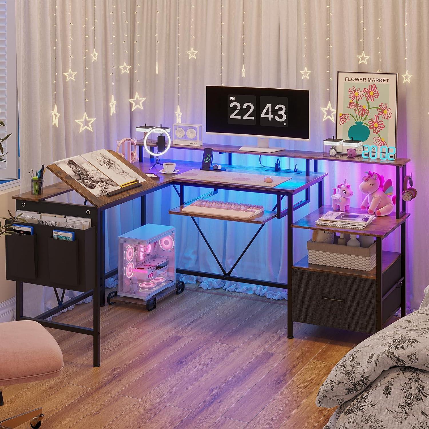 Afuhokles L Shaped Gaming Desk, Led Reversible Corner Computer Desk with Power Outlet, Monitor Stand CPU Stand, Brown