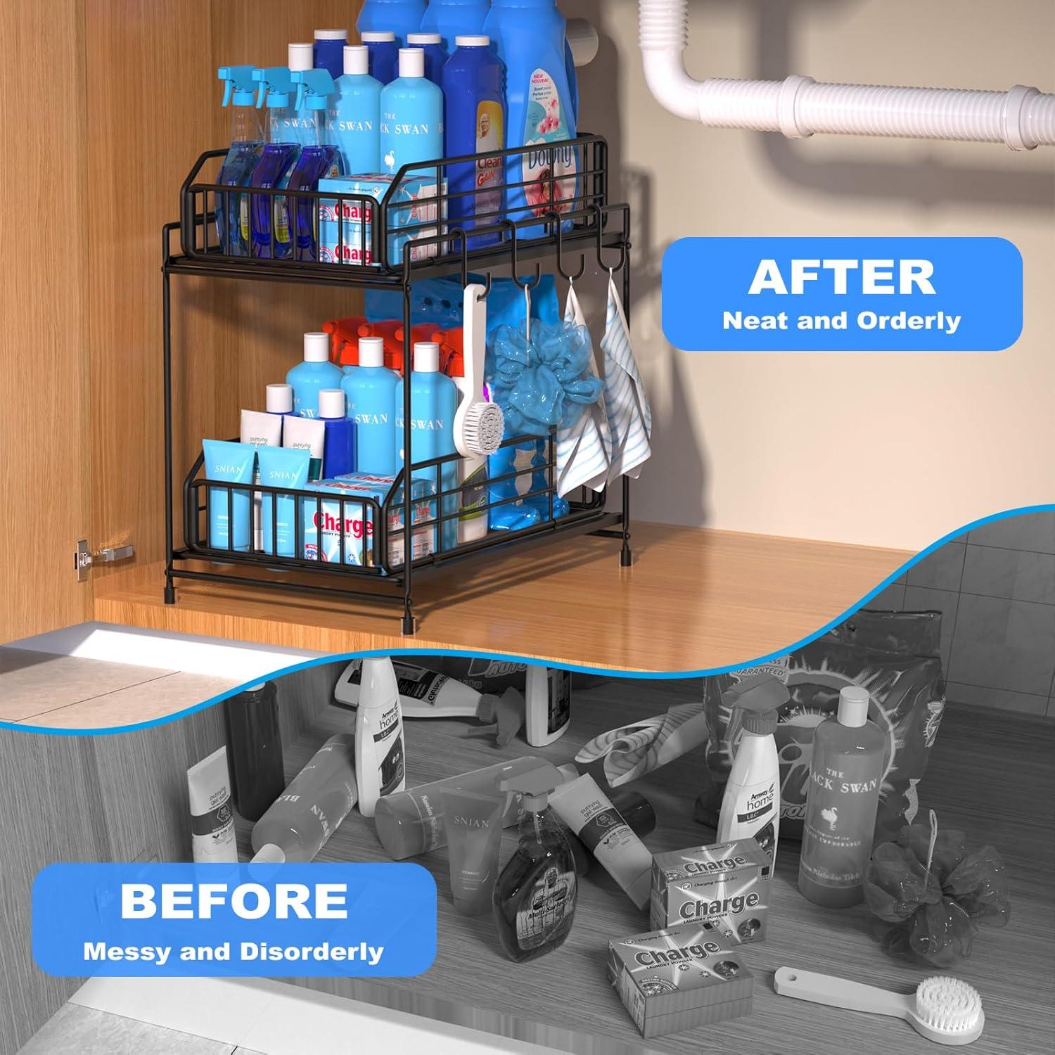 Rebrilliant Under Sink Organizer, 2 Tier Under Sink Organizers And Storage, Metal Slide Out Pull Out Cabinet Organizer ,2 Pack Sliding Drawer Organizer For Kitchen Bathroom Pantry