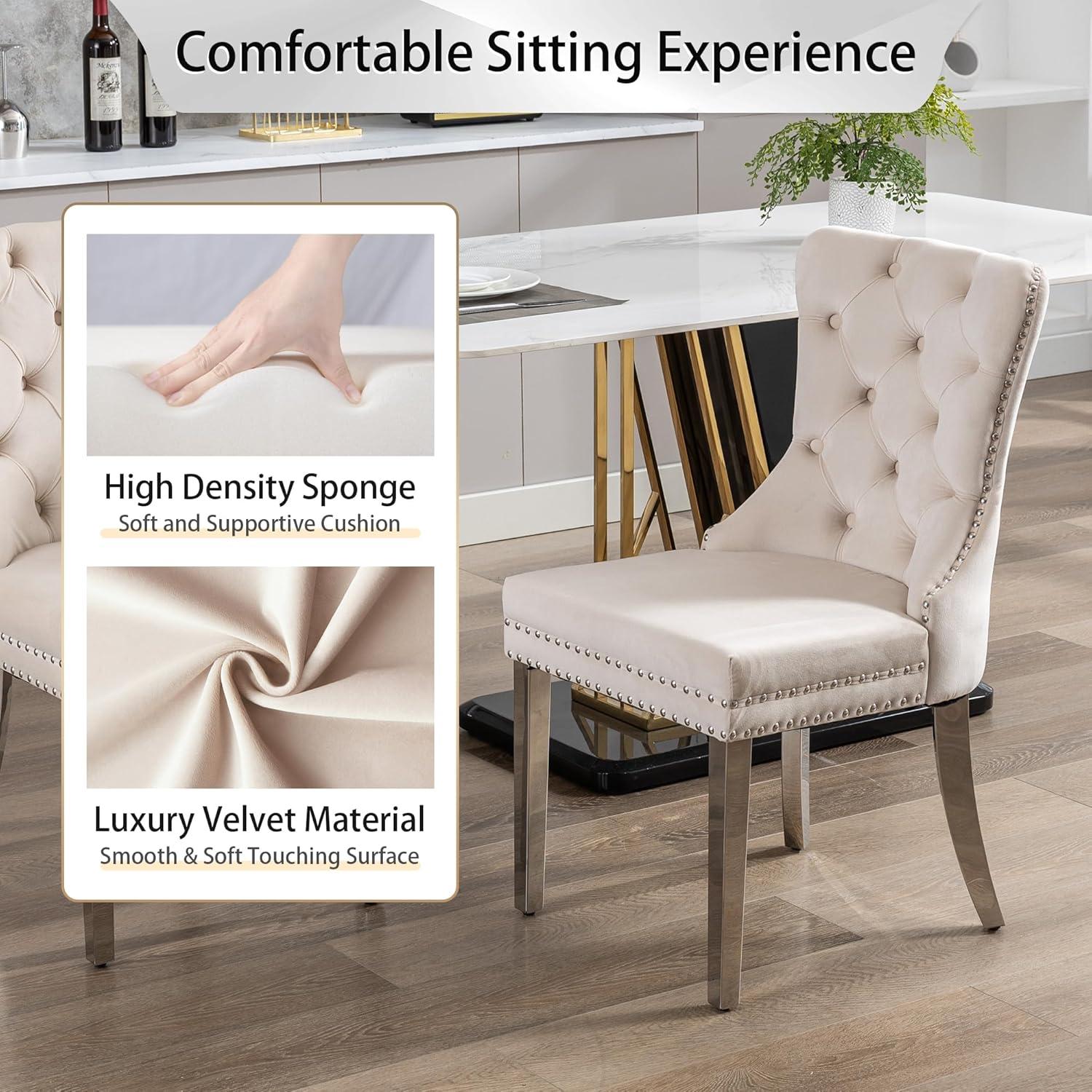 BELLEZE Upholstered Dining Chairs Set of 2, Velvet Luxury Dining Room Chairs with Button Back, Nailhead Trim, Pull-ring, Solid Wood Legs for Kitchen, Living Room, Restaurant - Chandler (Beige)