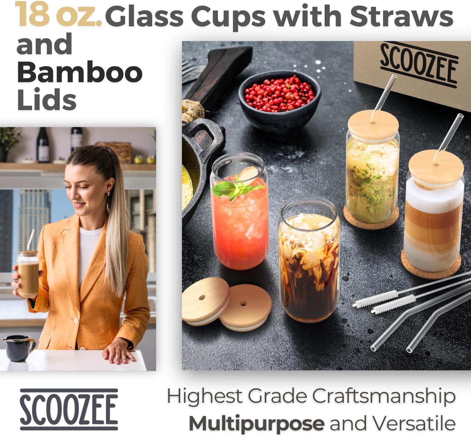 Iced Coffee Cup 18 Oz with(4 Pcs Pack) Natural Bamboo Lids, Clear Glass Cups with Lids and Straws, Ideal Gifts for Women, Birthday & Christmas, Elephant Gifts - Scoozee