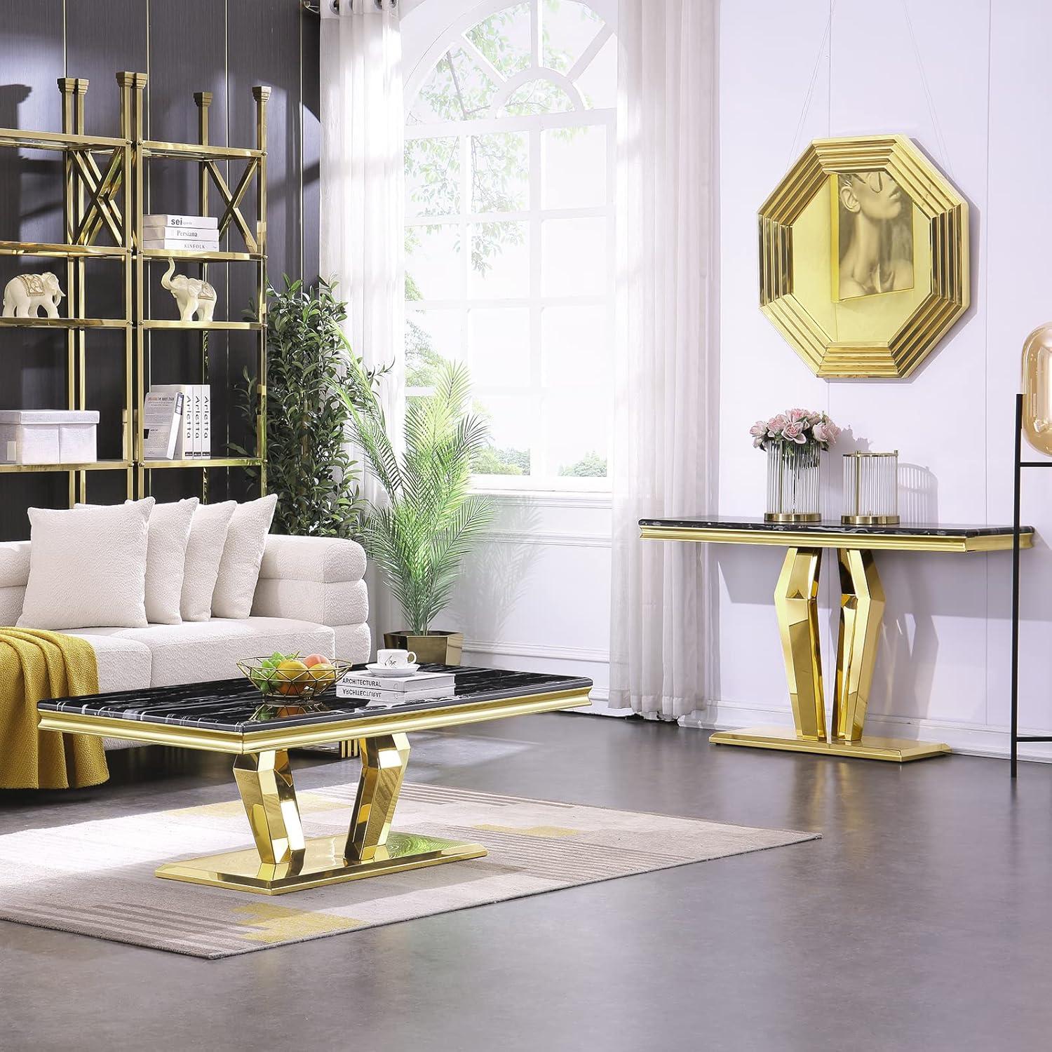 Unbranded Luxury Rectangular Sofa Console Table Modern Living Room Entryway Table with Mirrored Gold Geometric Base Gold