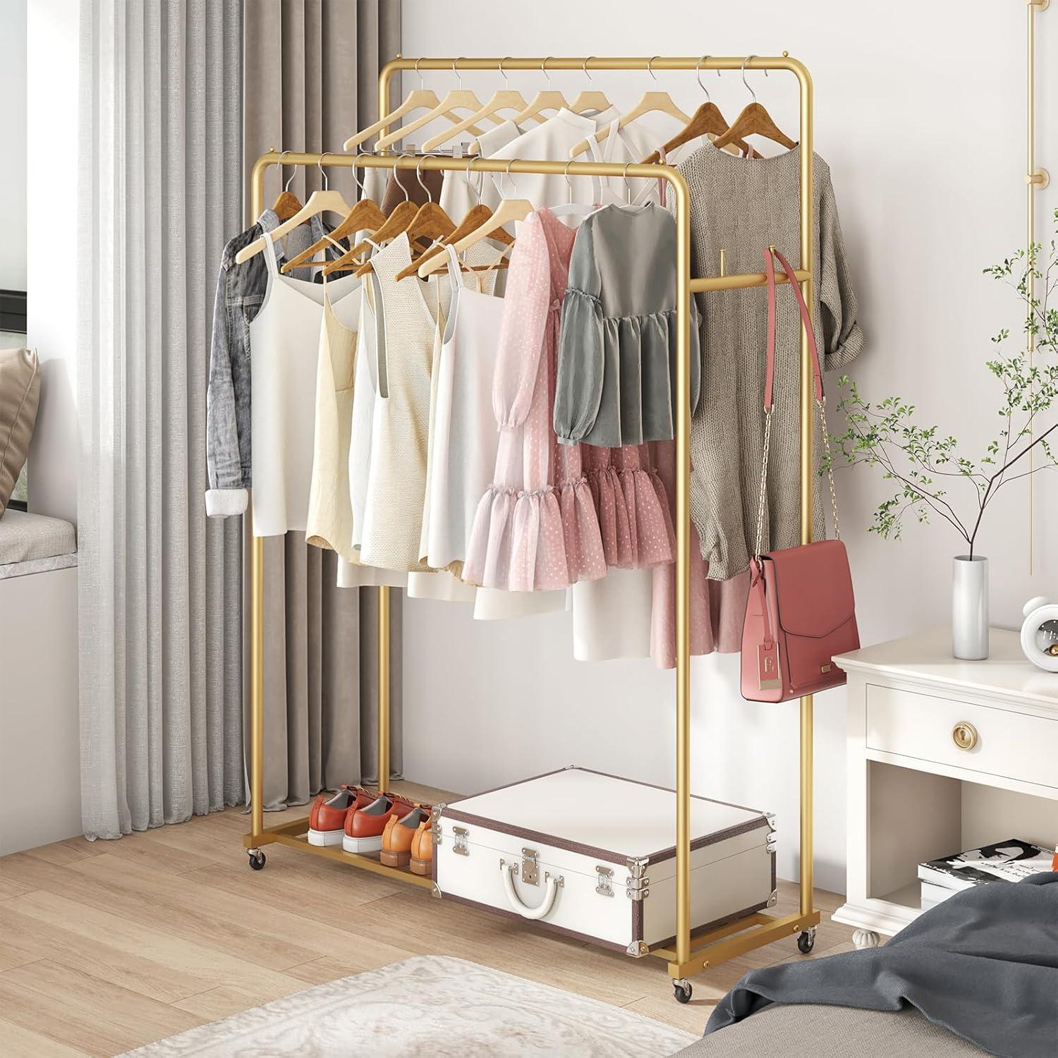 Laiensia Double Rods Garment Rack with Wheels, Clothing Rack for Hanging Clothes,4 Hooks, Multi-Functional Bedroom Clothes Rack, Gold