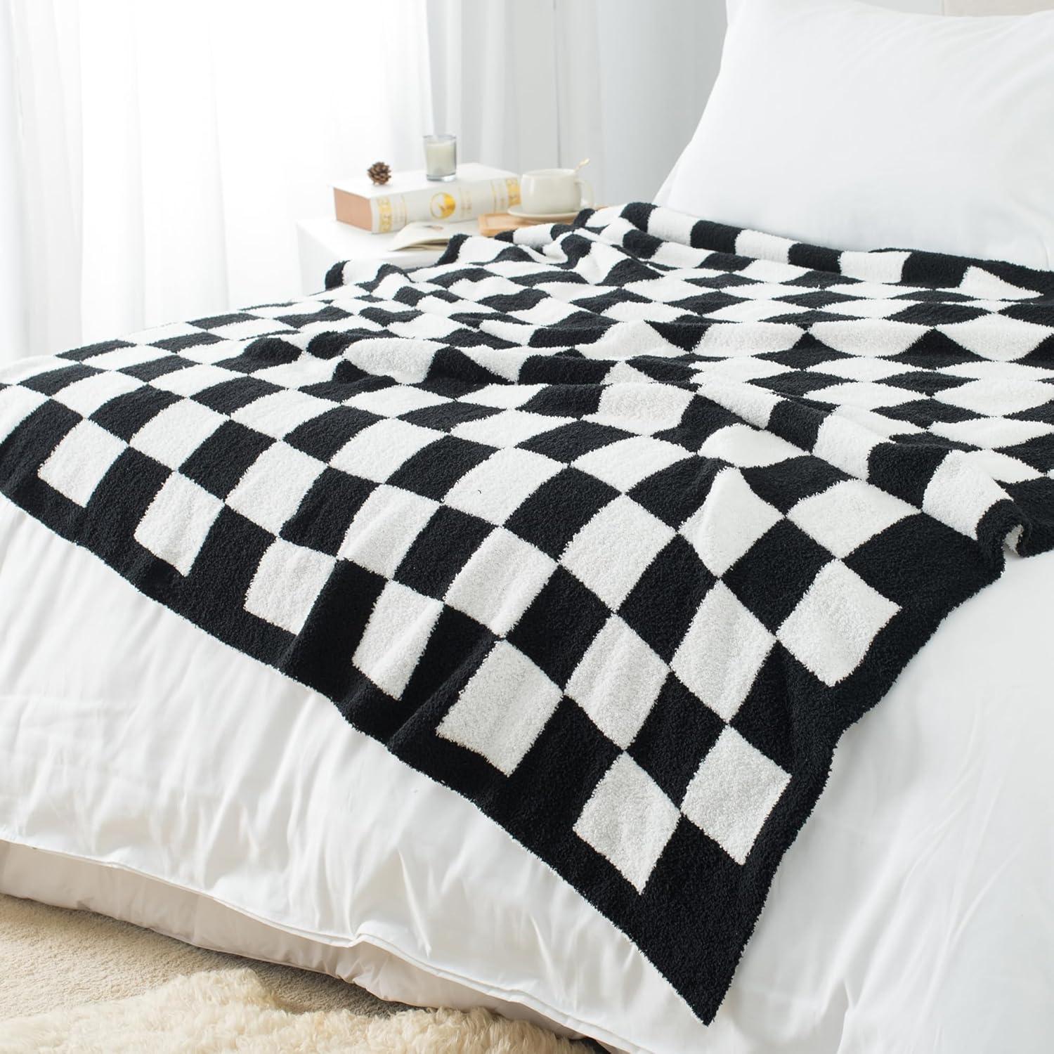 Carriediosa Black Checkered Throw Blanket 50" x 60", Fuzzy Fluffy Throws for Couch Bed