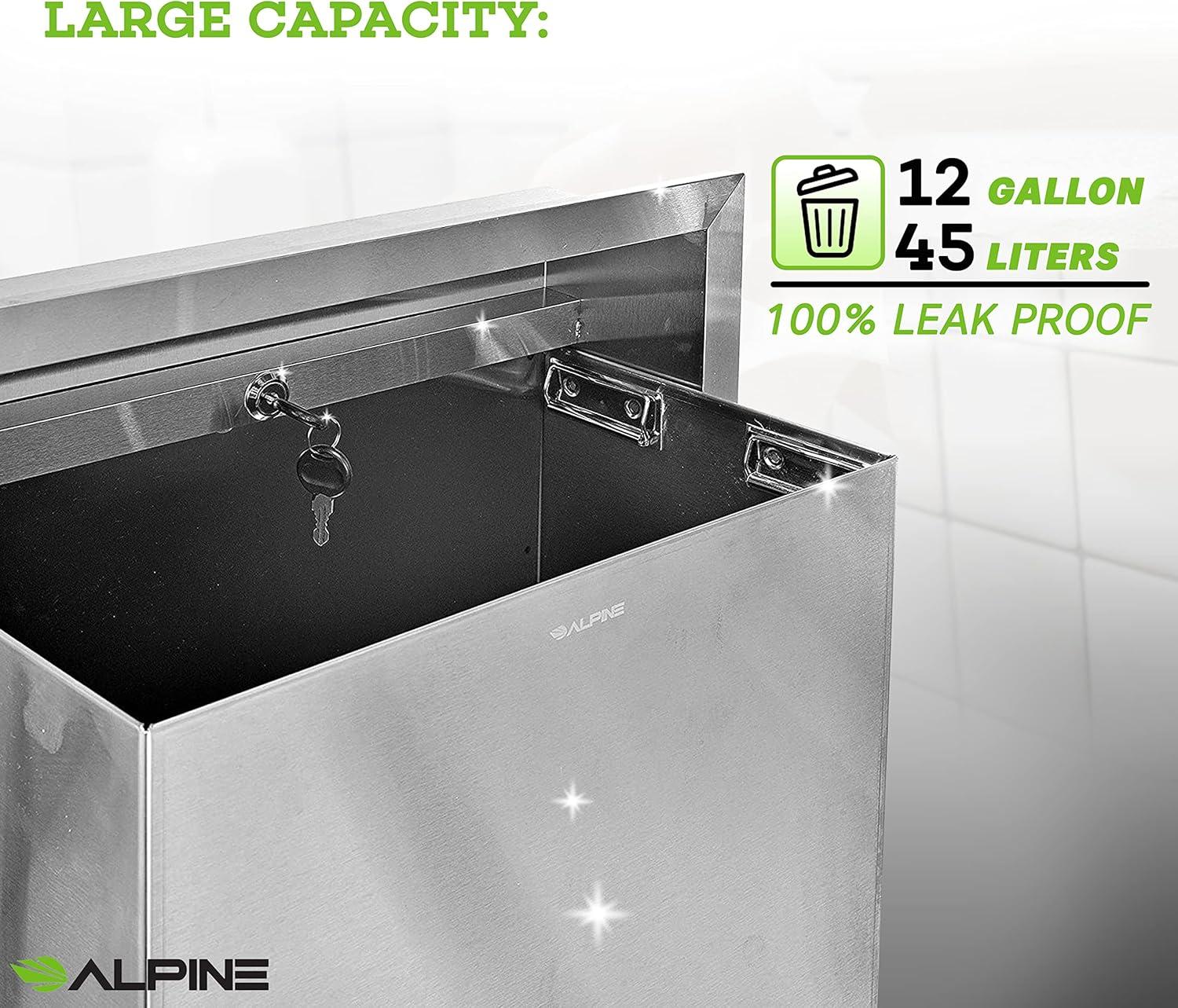 Alpine Recessed Waste Receptacle - Large 12 Gallon Brushed Finish Stainless Steel Mounted in Wall Trash Can for Commercial Bathrooms in High Traffic Areas Like Restaurant, Airport, Hotel, School