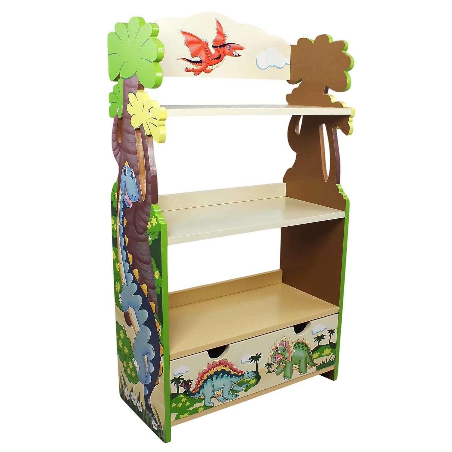 Teamson Kids Dinosaur Kingdom Kids Wooden 3-Tier Bookshelf with Drawer