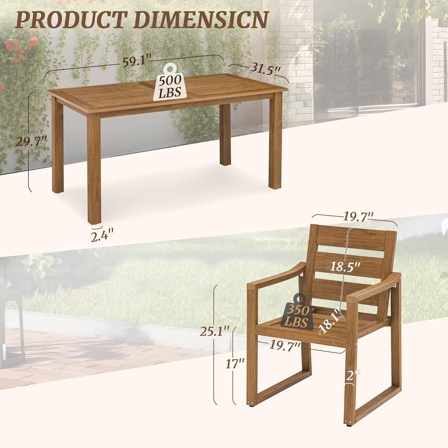 7-Piece Brown Recycled Plastic HDPS Outdoor Dining Set All Weather Indoor Outdoor Patio Table and Chairs with Armrest