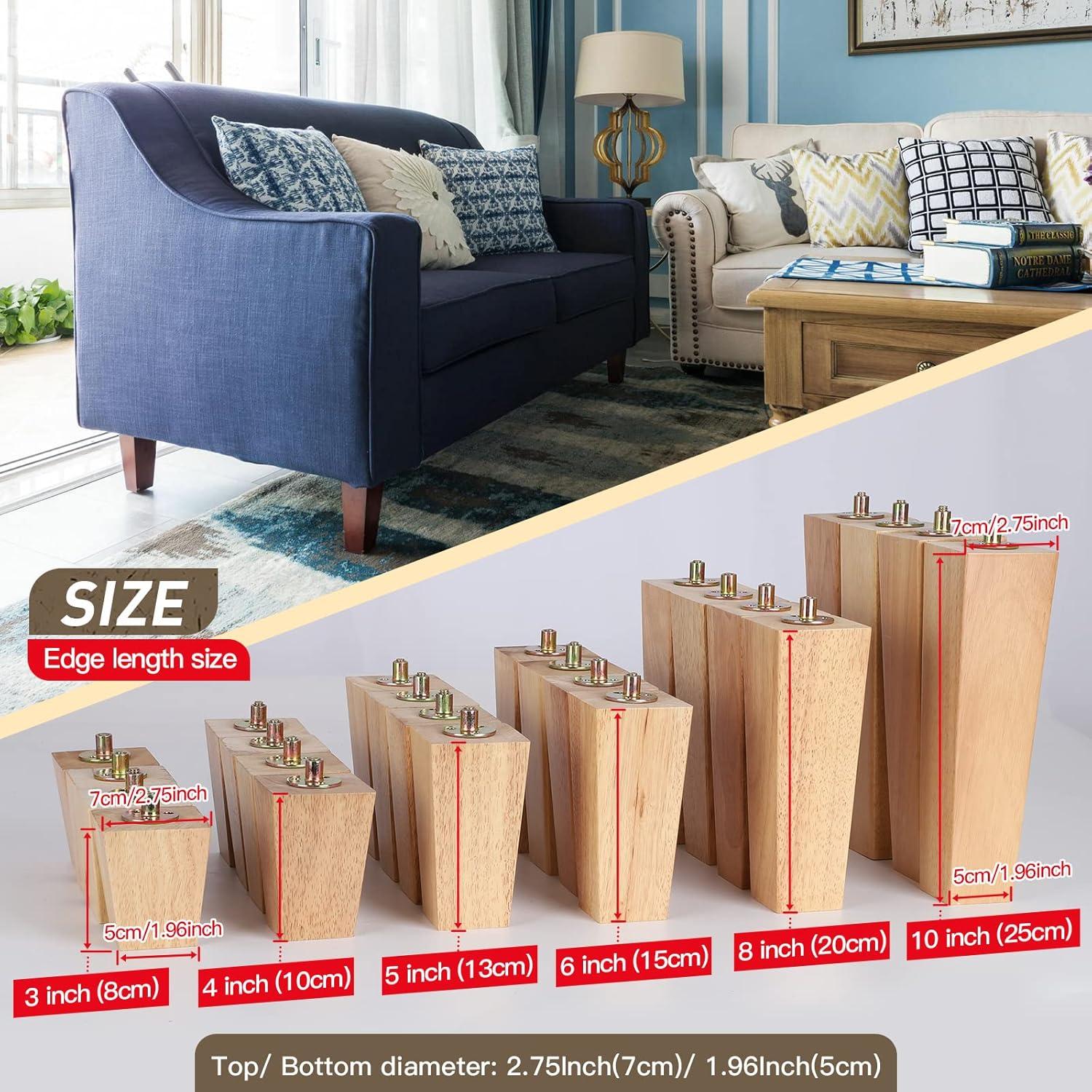 6 Inch Wood Furniture Legs, Wooden Couch Sofa Leg Feet Set of 4, Mid-Century Modern Black Square Replacement Legs for Sectional Nightstand Armchair Recliner Table Dresser Sideboard