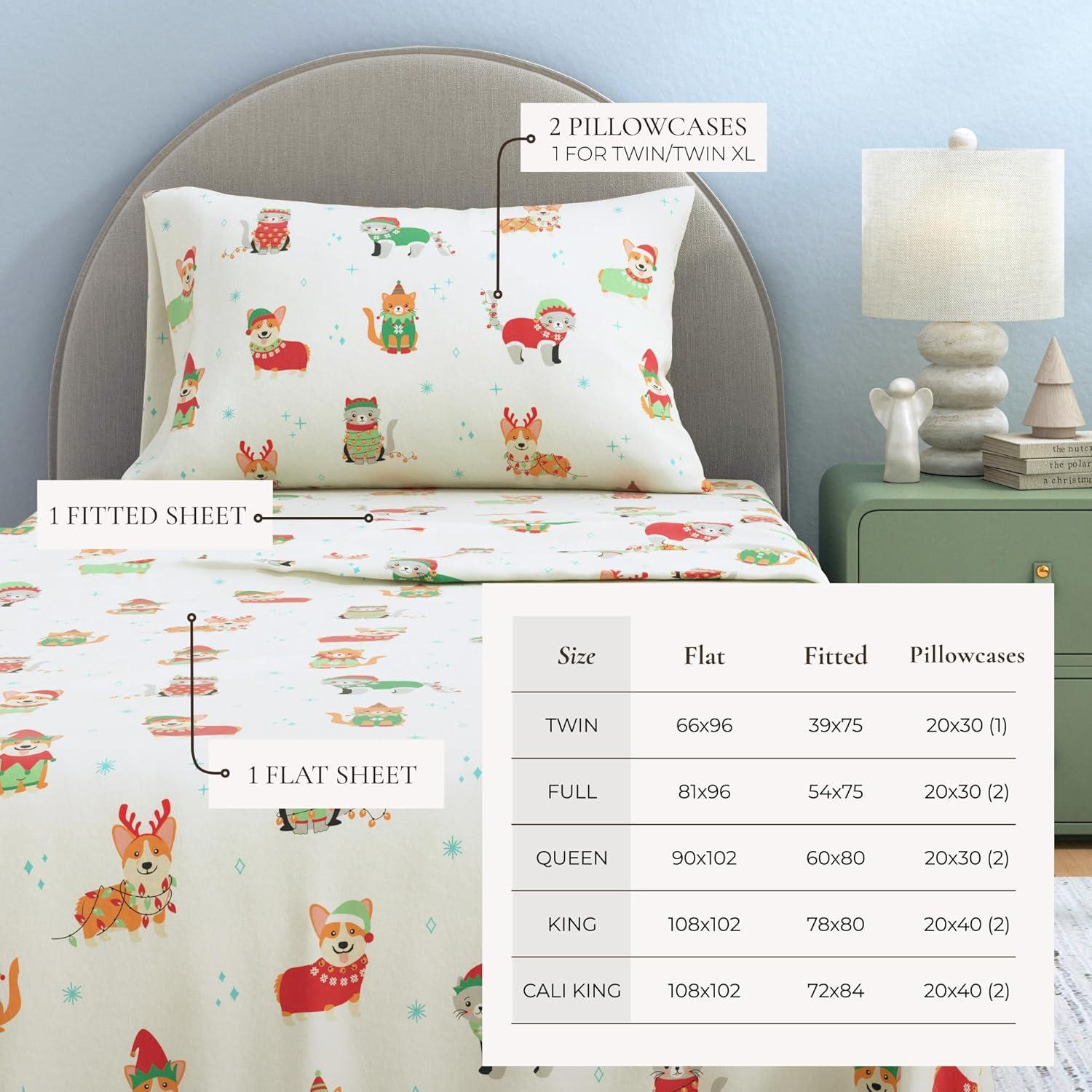 100% Cotton Christmas Flannel Sheets - Great Bay Home (Queen, Dog Cat Christmas)
