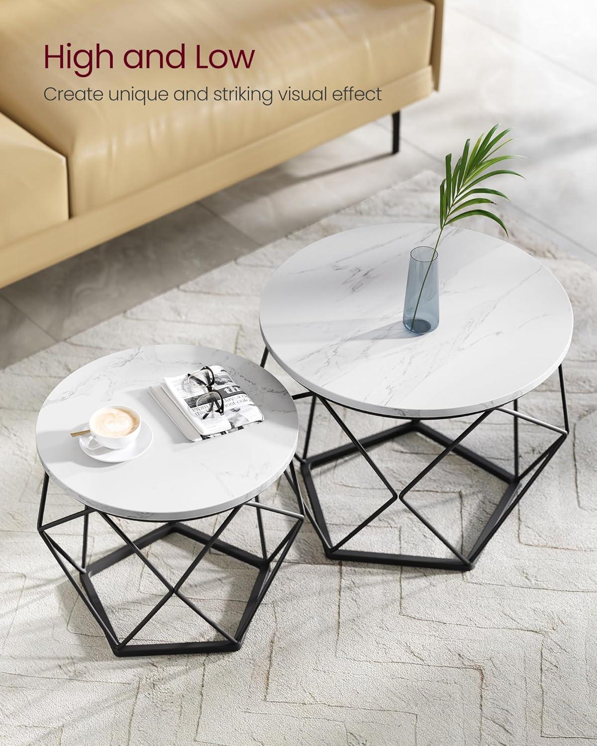 VASAGLE Small Coffee Table Set of 2, Round Coffee Table with Steel Frame, Side End Table for Living Room, Bedroom, Office, Marble White and Ink Black